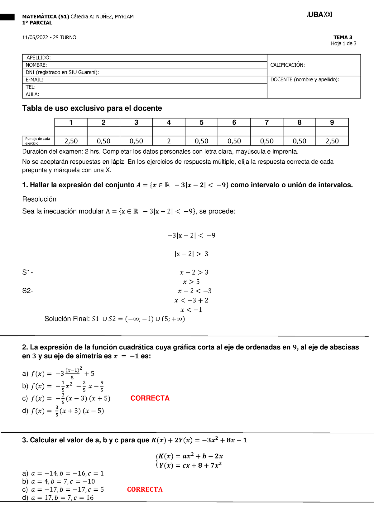 Respuestas Primer Parcial Matematica Segundo Turno TEMA 3 11-05-2022 ...