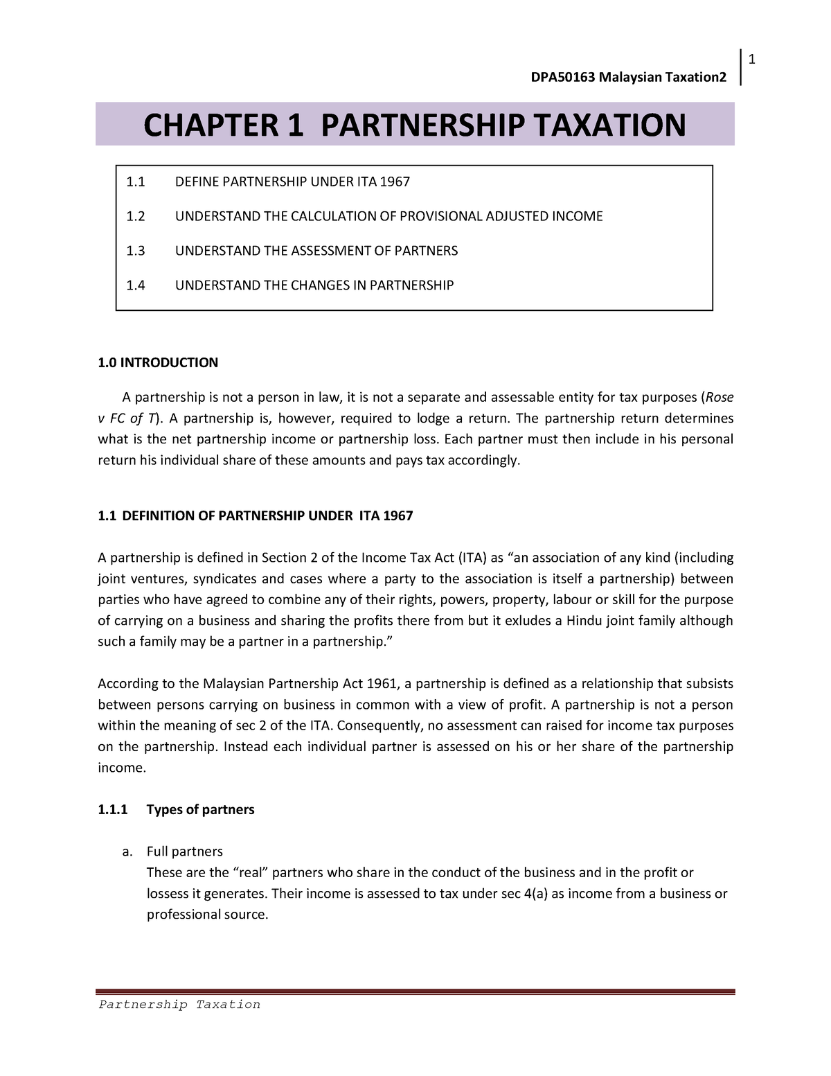 Chapter 1 Partnership Taxation - DPA50163 Malaysian Taxation 22 CHAPTER ...