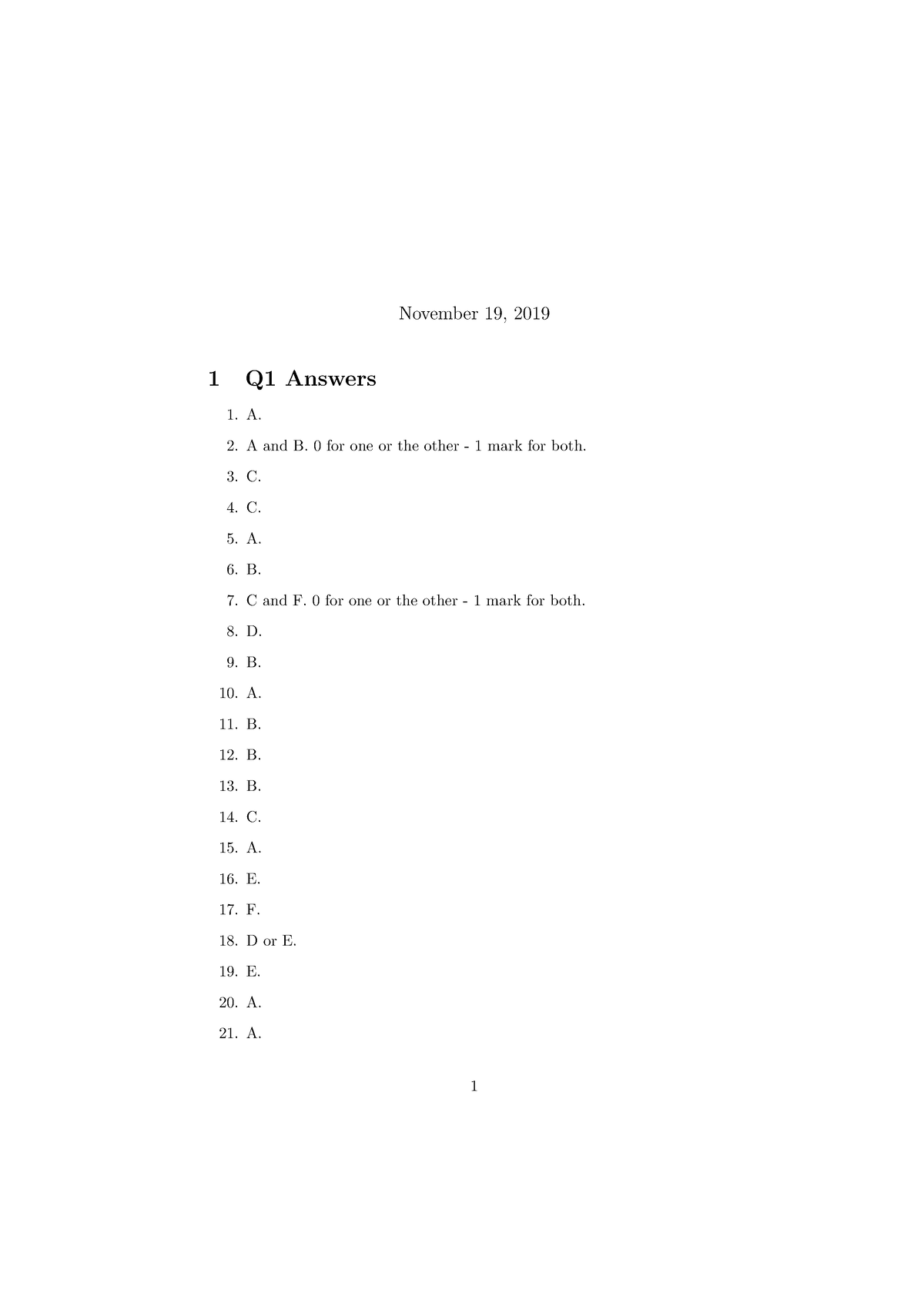 Exam2019 Answers - November 19, 2019 1 Q1 Answers 1. A. A And B. 0 For ...