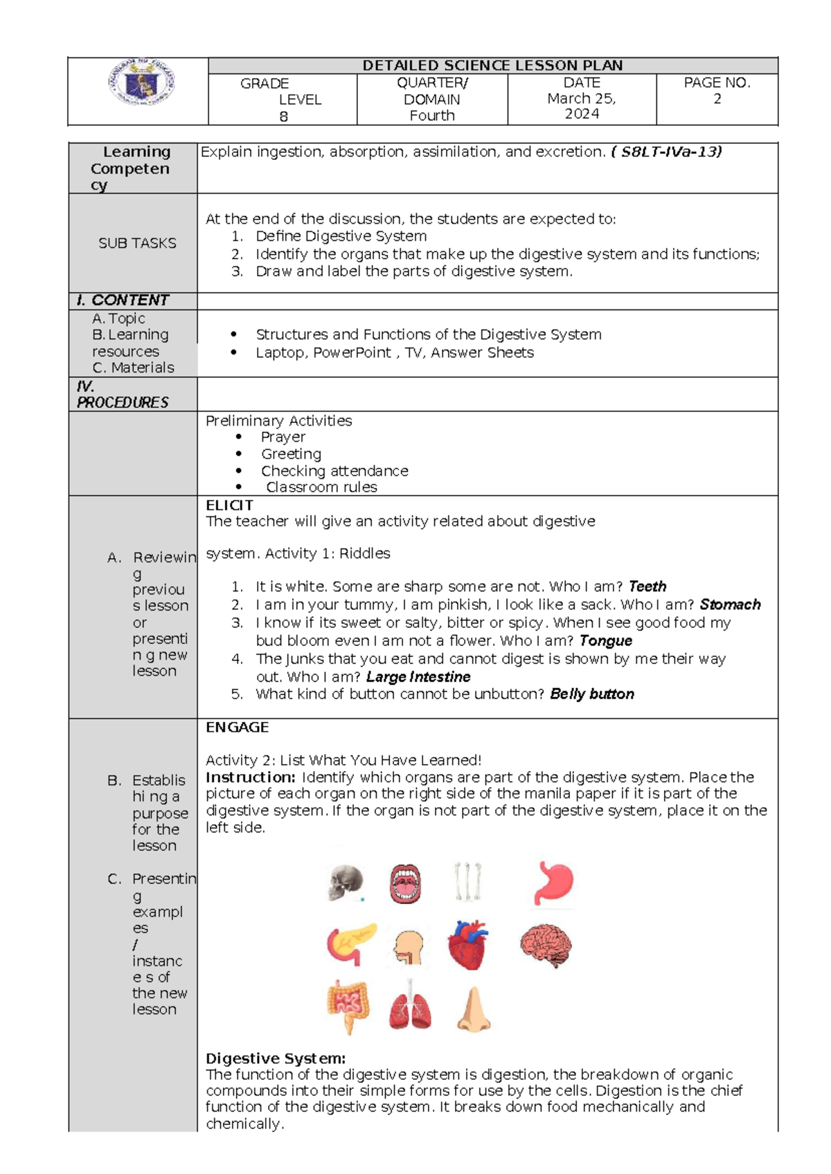 digestive- System- DETAILED SCIENCE LESSON PLAN GRADE LEVEL 8 QUARTER ...