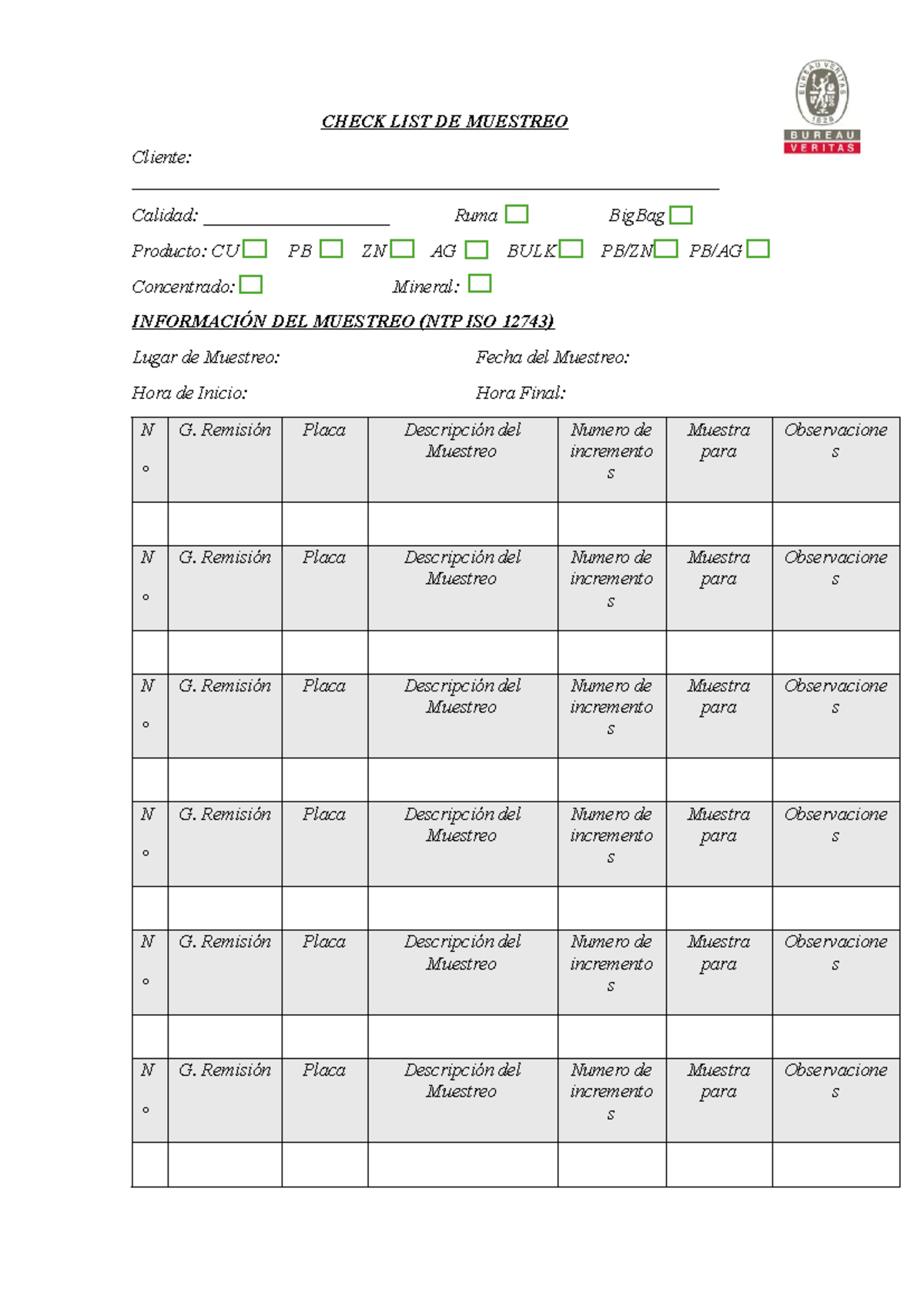 Check LIST DE Muestreo - CHECK LIST DE MUESTREO Cliente: Calidad ...