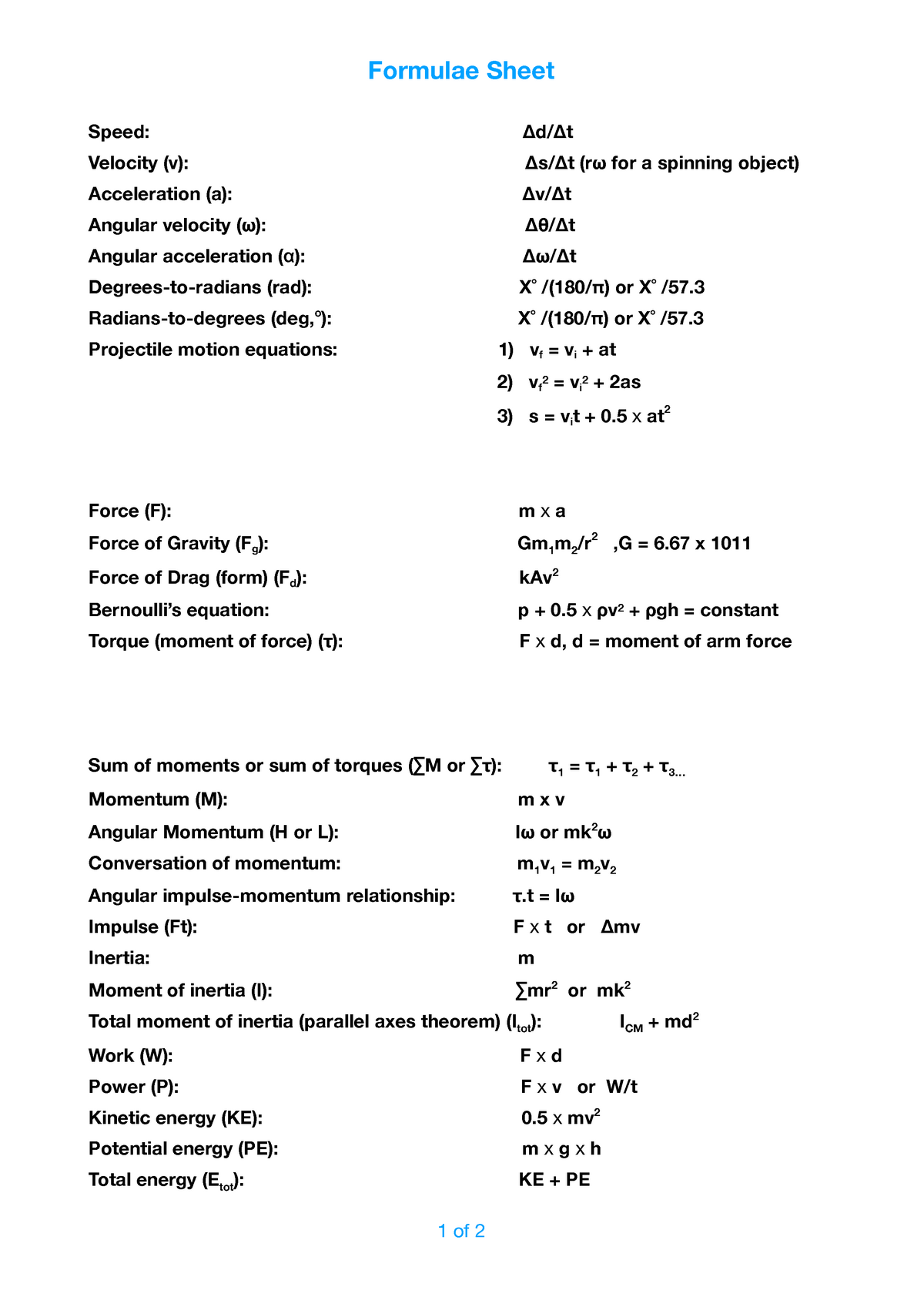 Formulae Sheet - Formulae Sheet Speed: ∆d/∆t Velocity (v): ∆s/∆t (rω ...