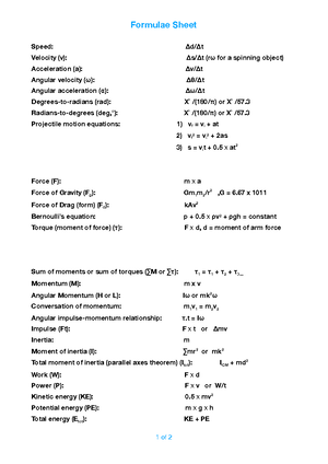 Biomechanics Formula Sheet - Unit 401140: Formula Sheet Gravity = -9 ...