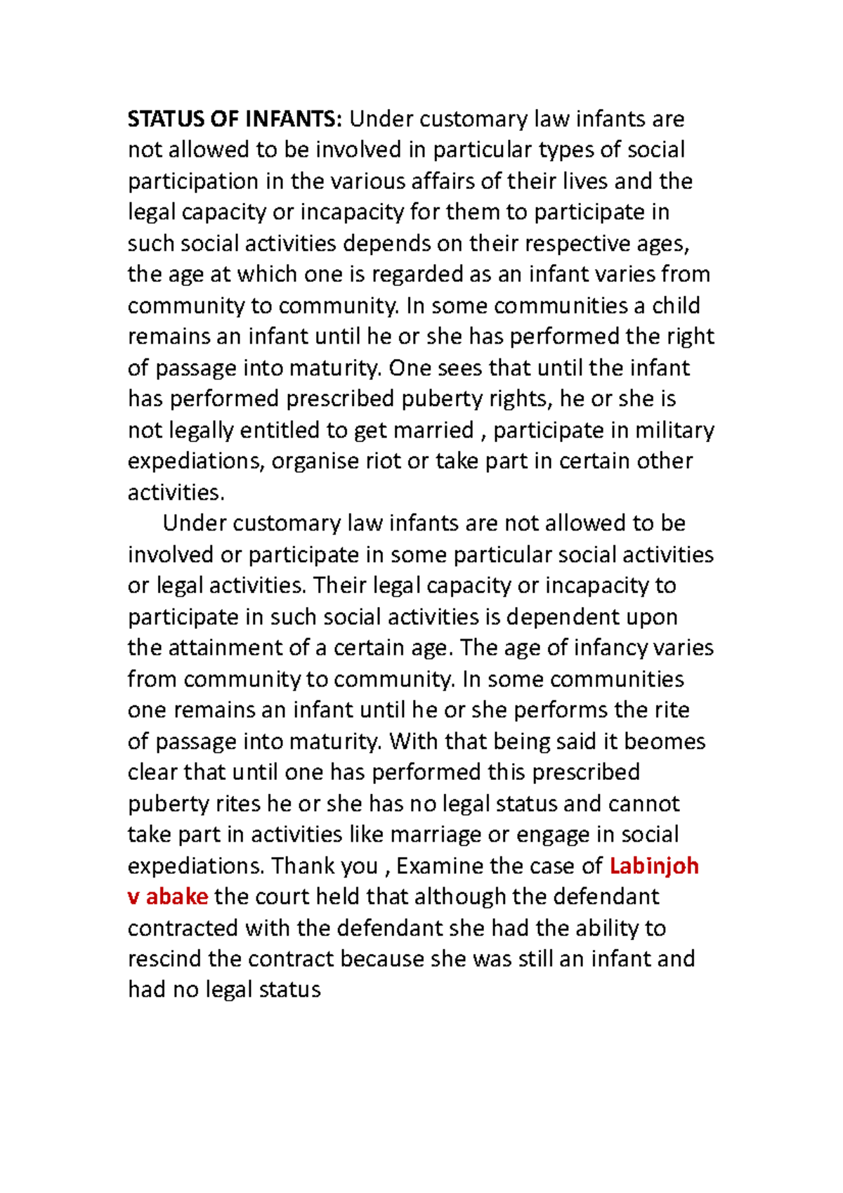 Status OF Infants Customary LAW NOTE 2 STATUS OF INFANTS Under