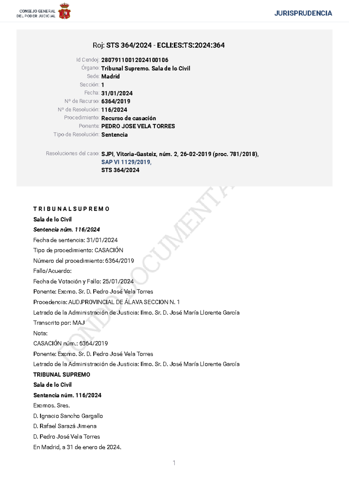 STS 364 2024 - Sentencia para la PEC 1 - Roj: STS 364/2024 - ECLI:ES:TS