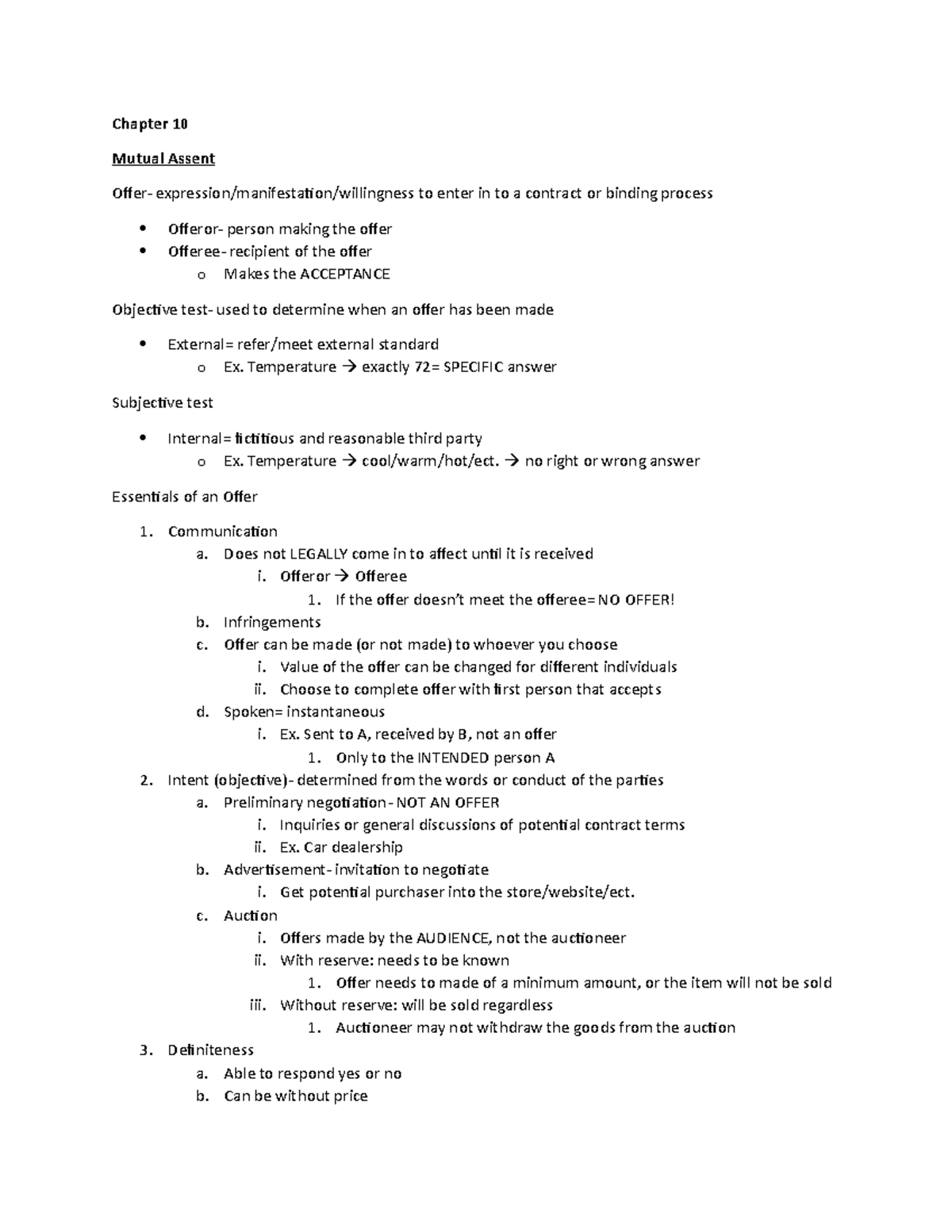 Chapter 10- Mutual Assent - Chapter 10 Mutual Assent Offer- expression ...