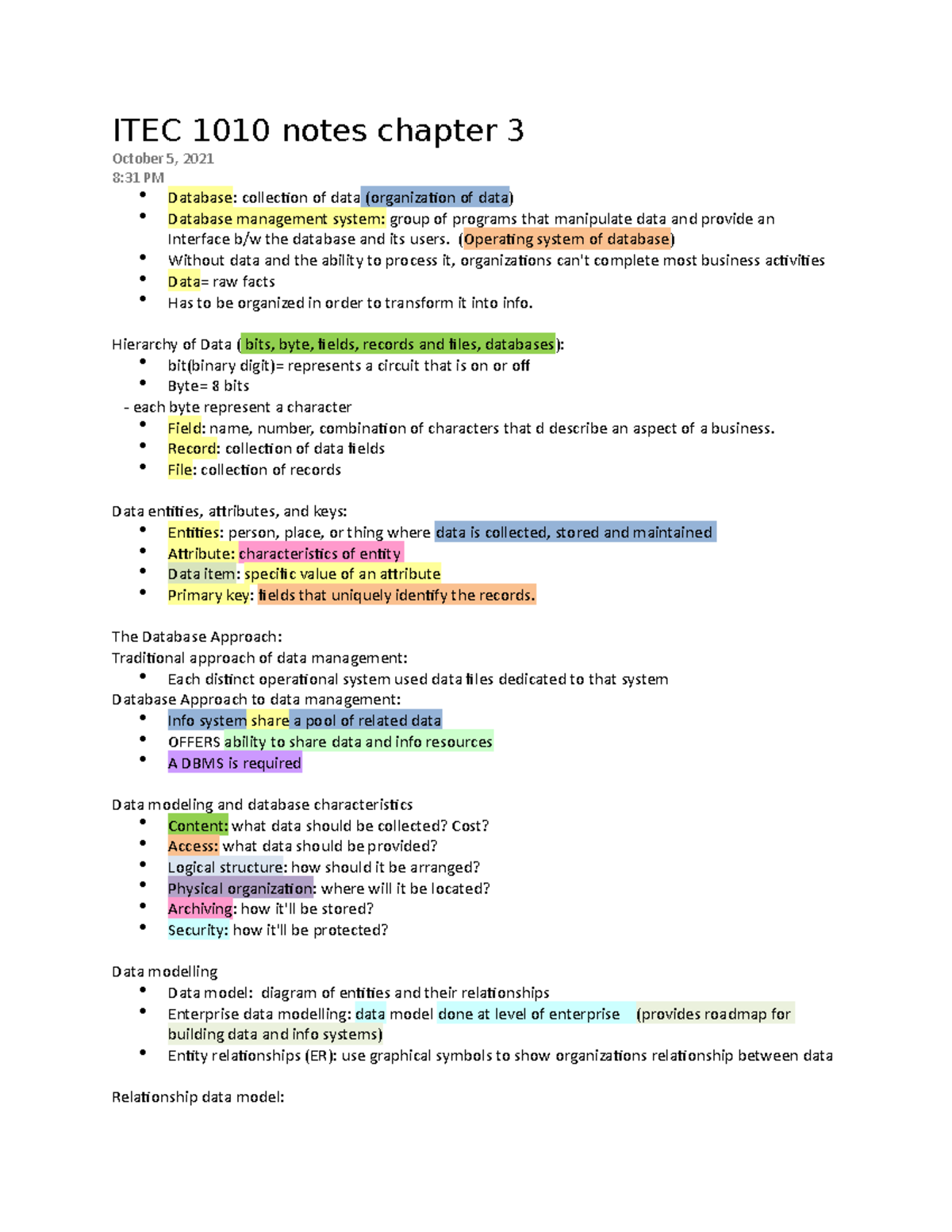 ITEC 1010 Notes- Chapter 3 - ITEC 1010 notes chapter 3 October 5, 2021 ...