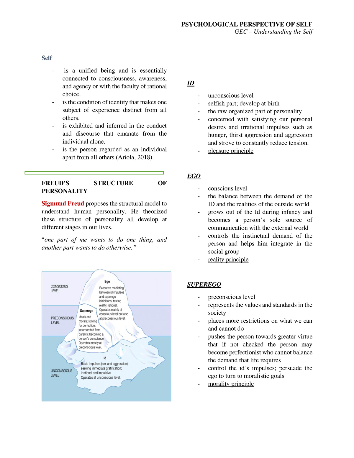 Psychological Perspective of the Self - GEC – Understanding the Self ...