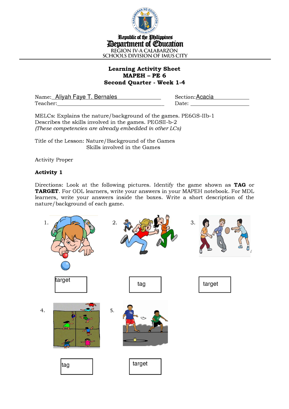 Physical Education G6 Q2 W1 4 Las Learning Activity Sheet Mapeh Pe 6 Second Quarter Week 1 4571