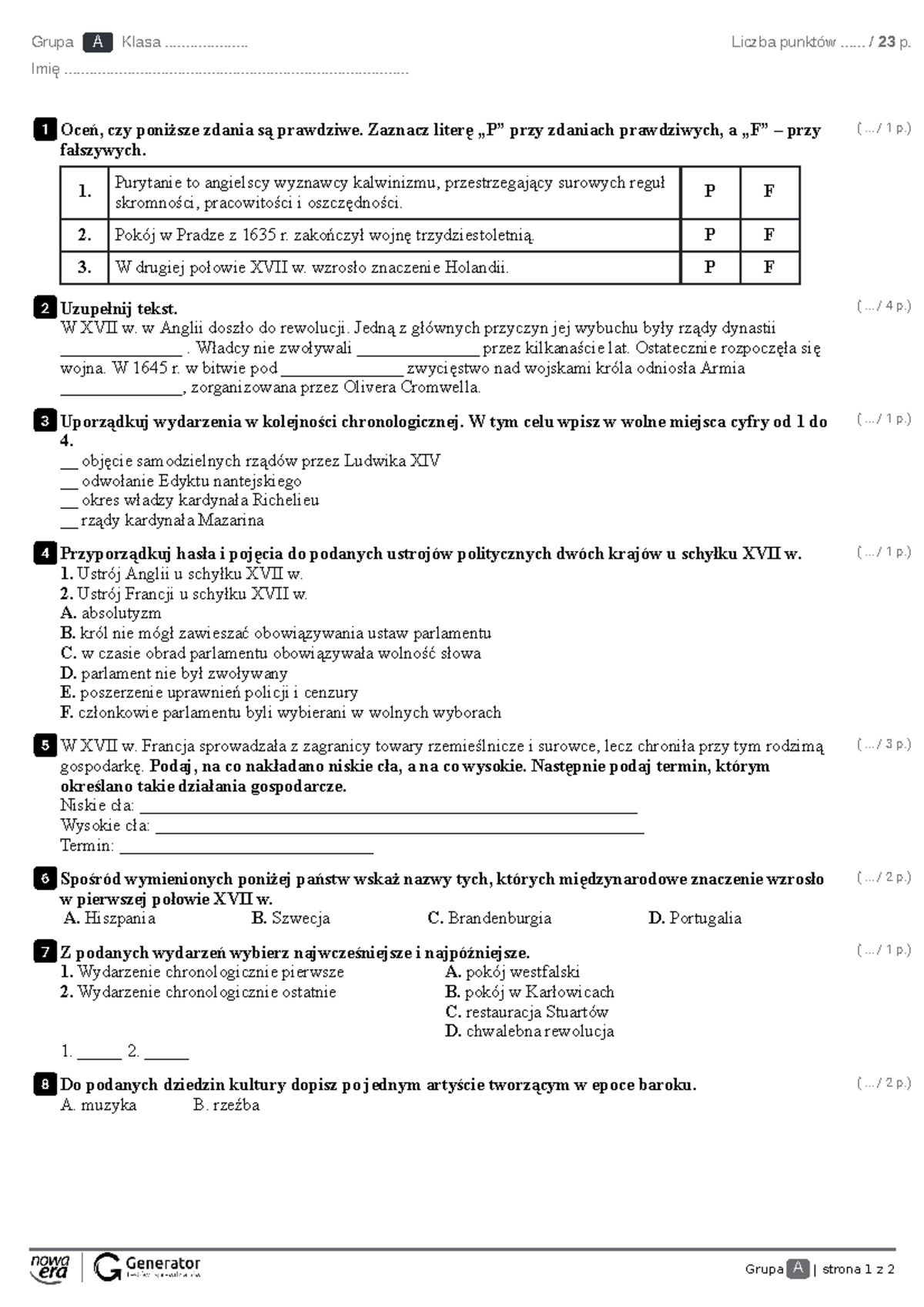 Rozdzia III. Test 1 Test z widoczna punktacja-2 - Grupa A | strona 1 z
