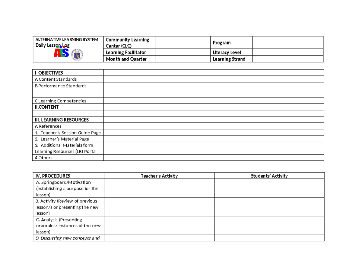 DLL-Template-Detailed - ALTERNATIVE LEARNING SYSTEM Daily Lesson Log ...