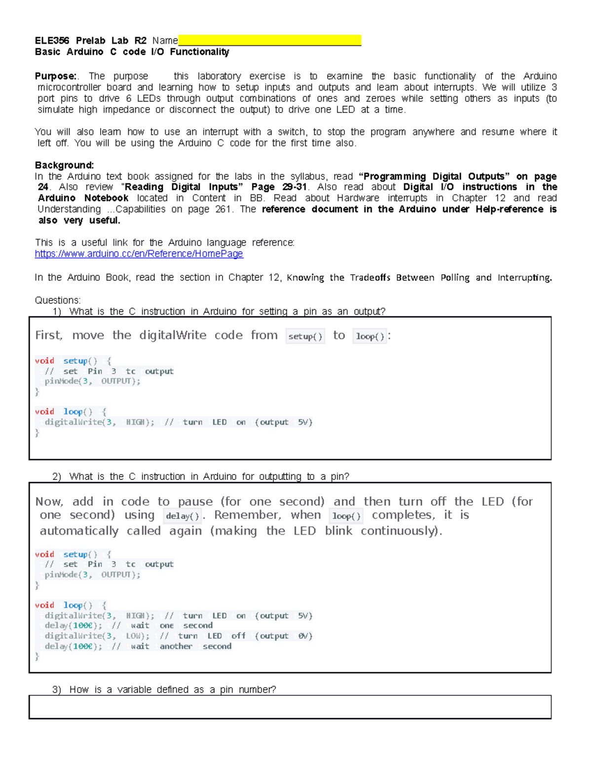 ELE356 Lab 6LEDs 3 pins prelab R2 - Basic tArduino tC tcode tI/O ...