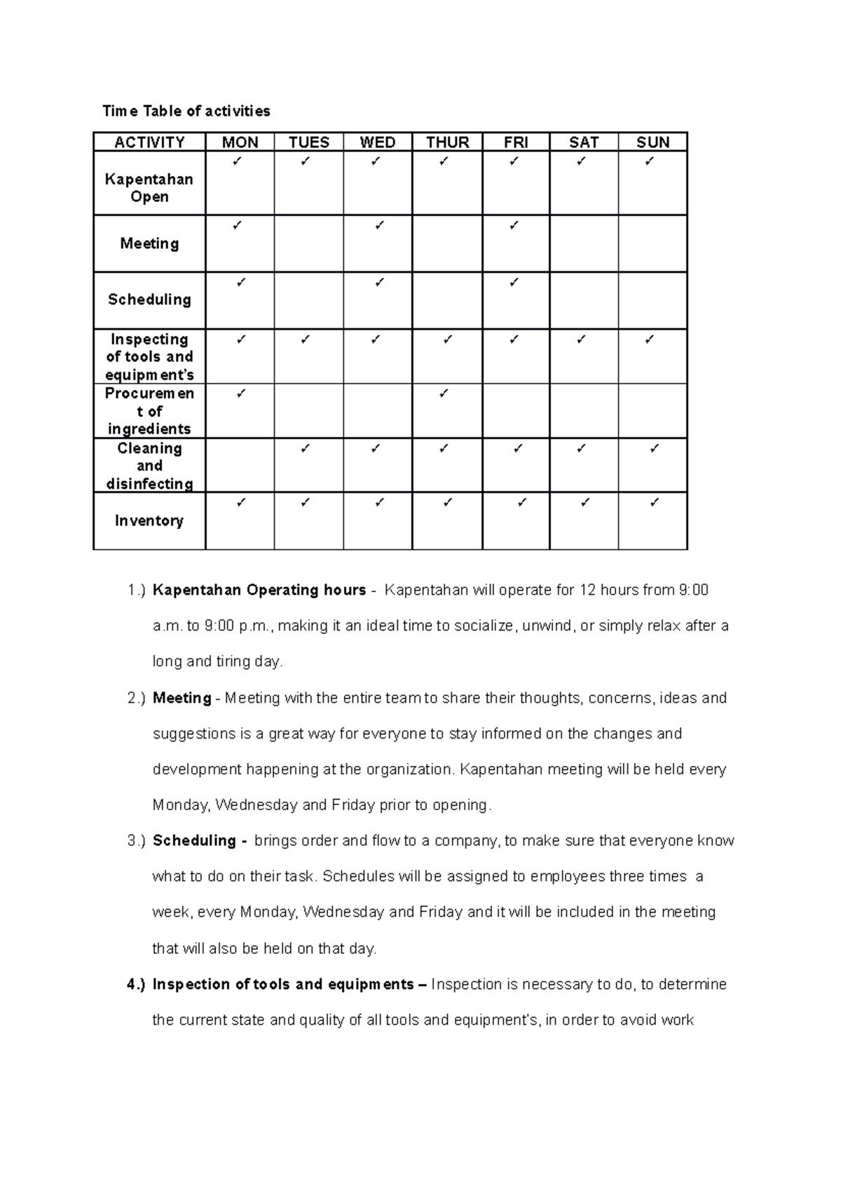 Edited Time Table of Activities Time Table of activities ACTIVITY MON