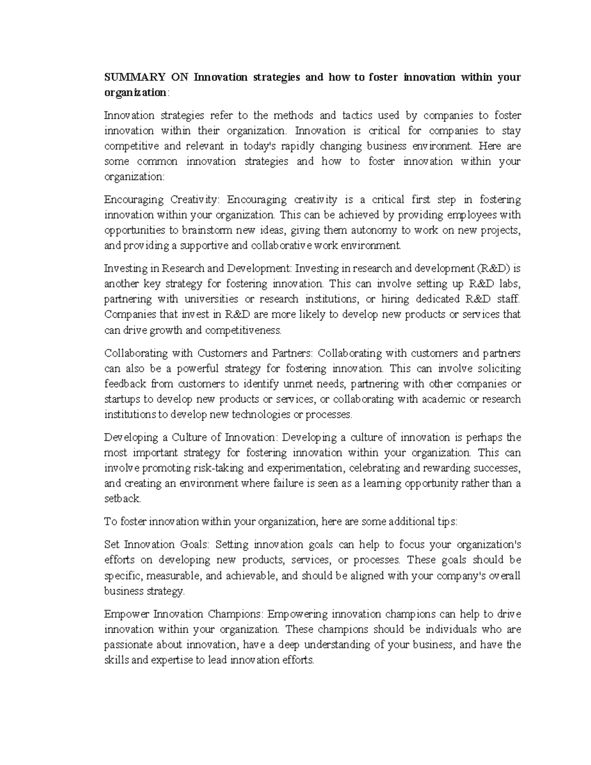 Summary ON Innovation Strategies And How To Foster Innovation Within
