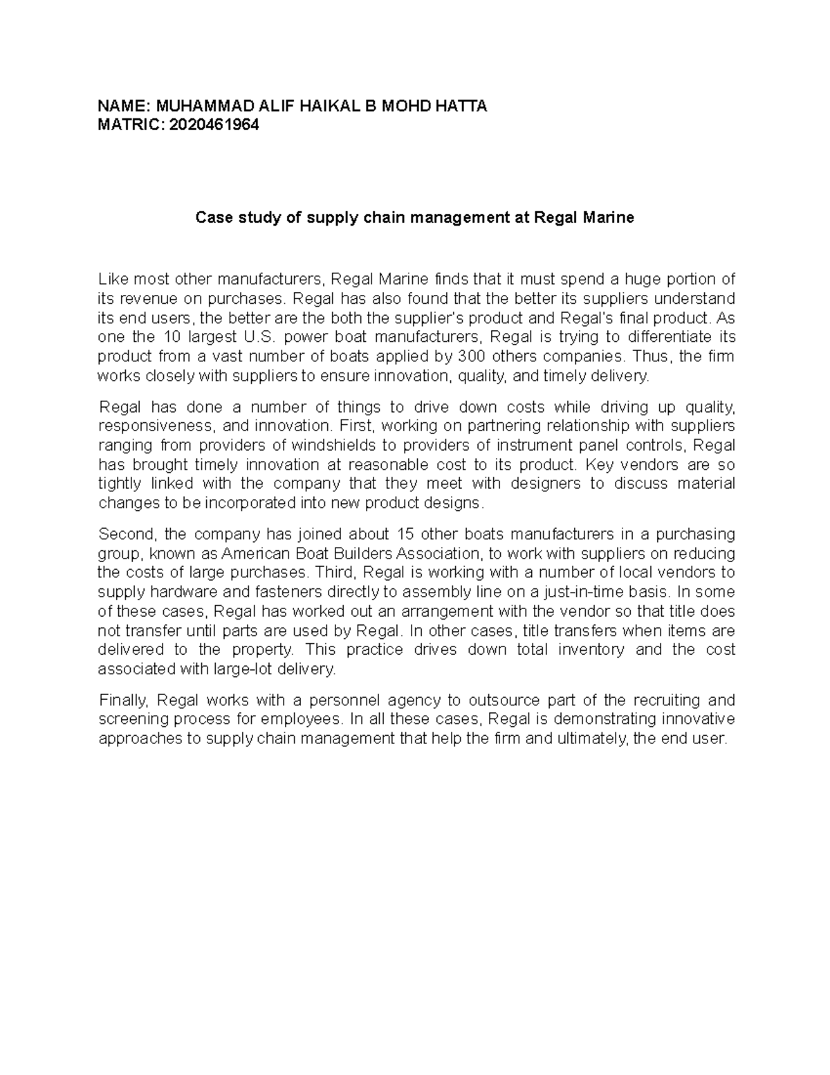 supply chain management at regal marine case study