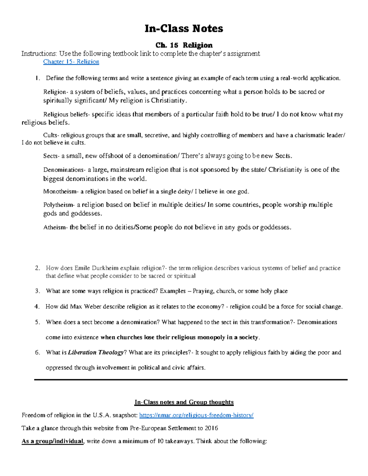 Ch 15 (Religion) In-class notes 2 - In-Class Notes Ch. 15 Religion ...