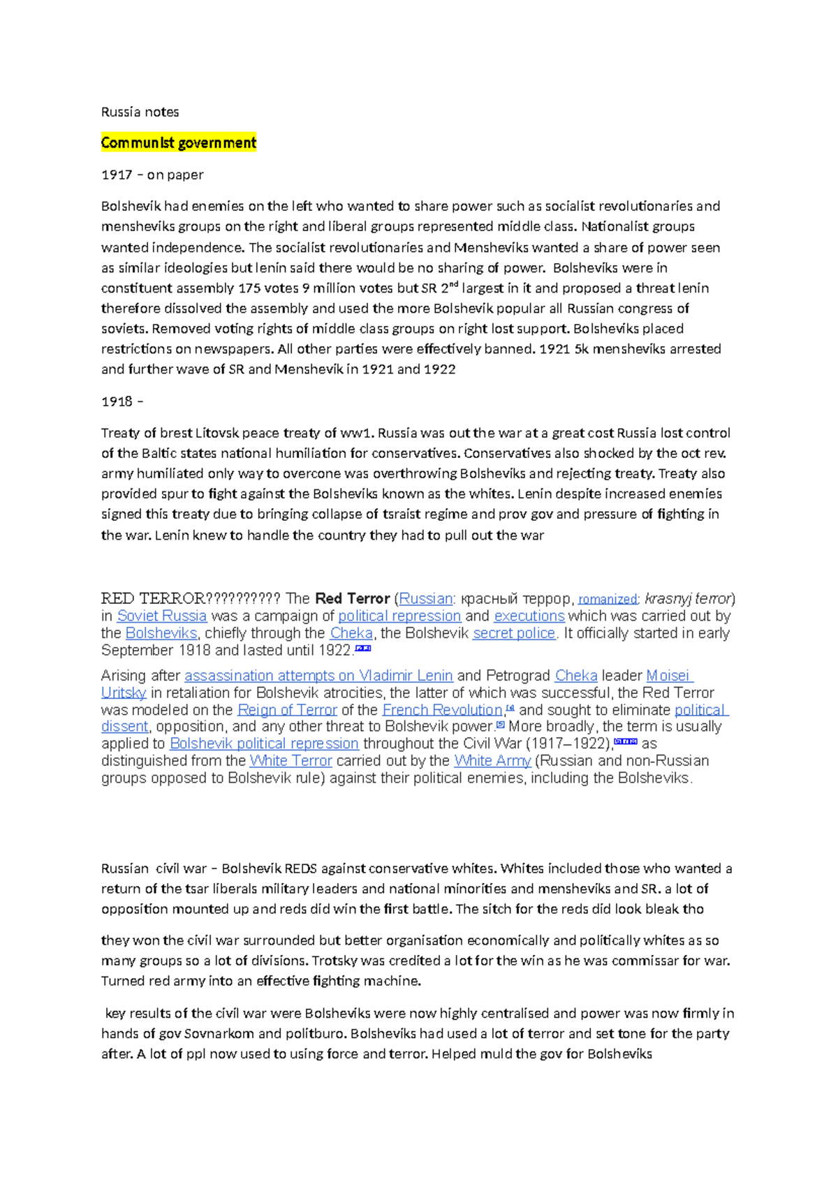 Russia notes - Russia notes Communist government 1917 – on paper ...