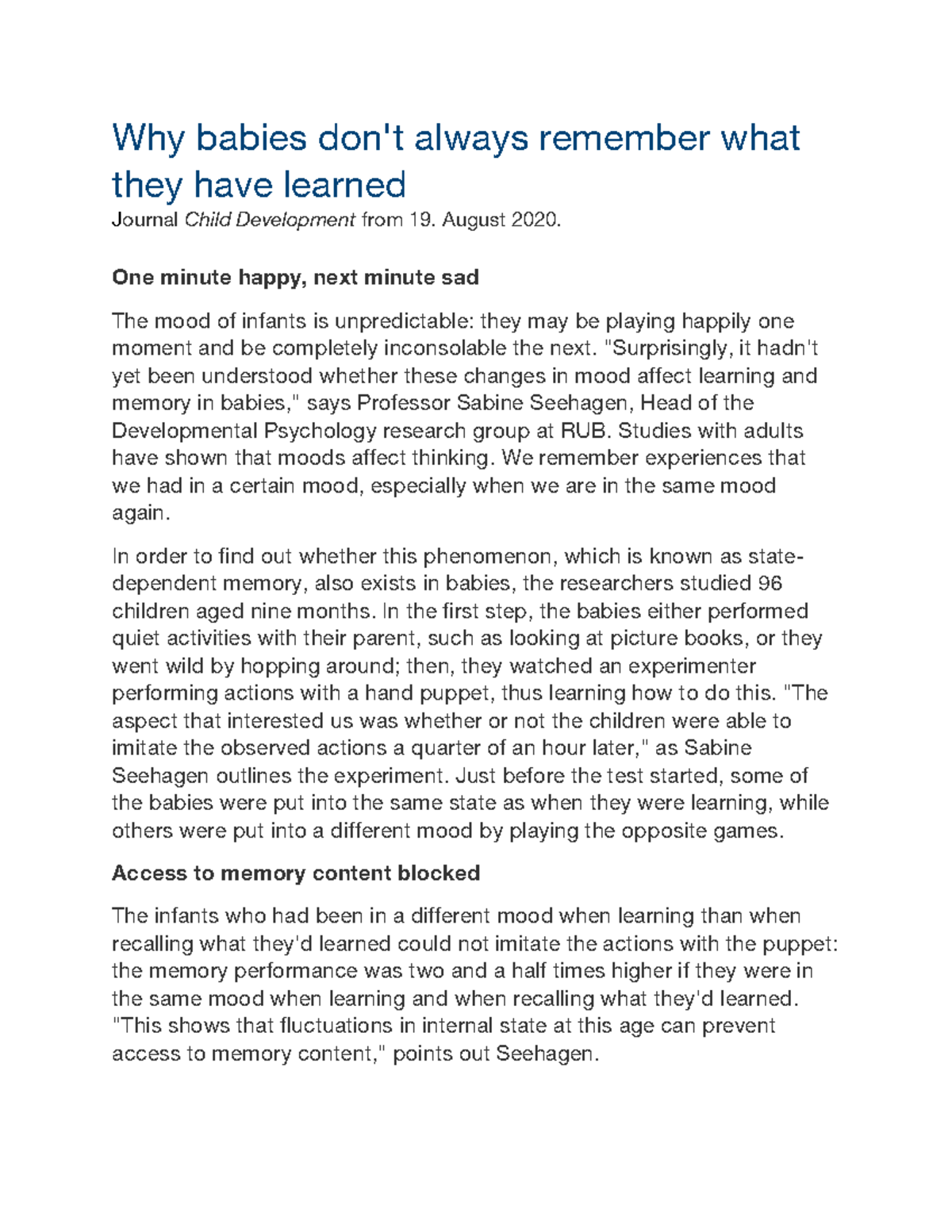 Reaction Paper on Why babies don't always remember what they have