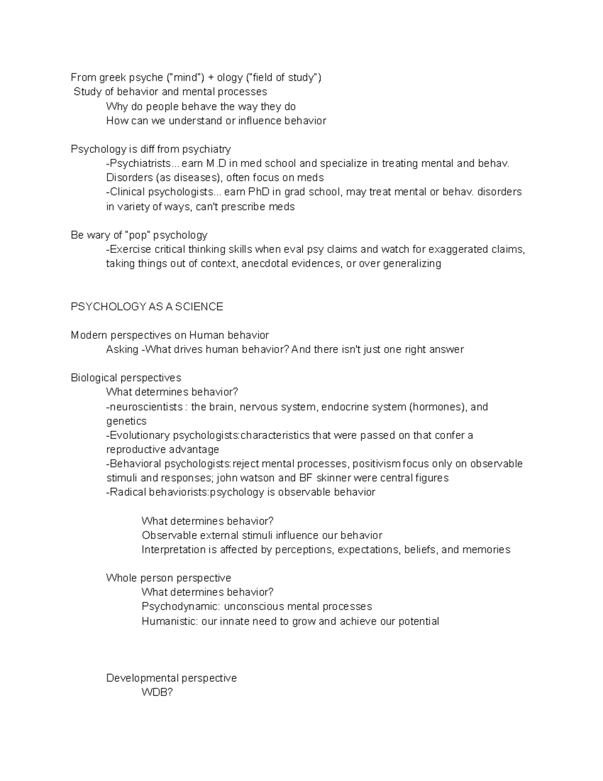 Psy 201-1-2 - notes - From greek psyche (“mind”) + ology (“field of ...
