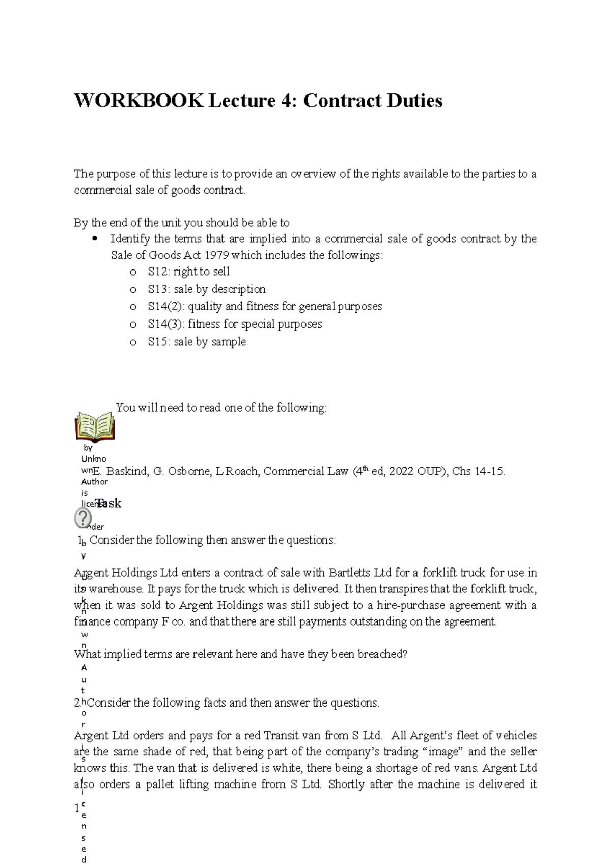 Workbook L4-Contract Duties - WORKBOOK Lecture 4: Contract Duties The ...
