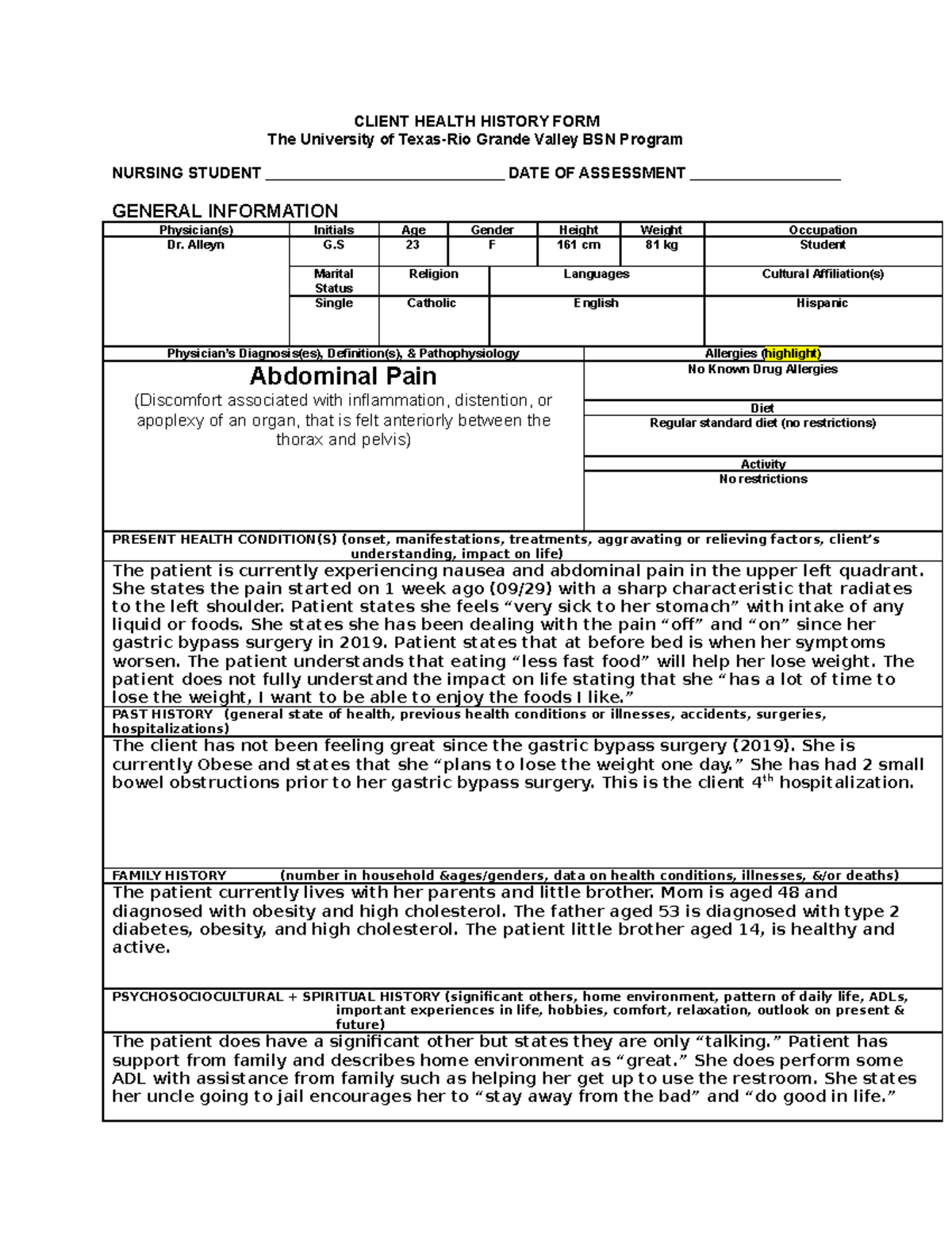 CW3- GI pt 1 - Assignment - CLIENT HEALTH HISTORY FORM The University ...
