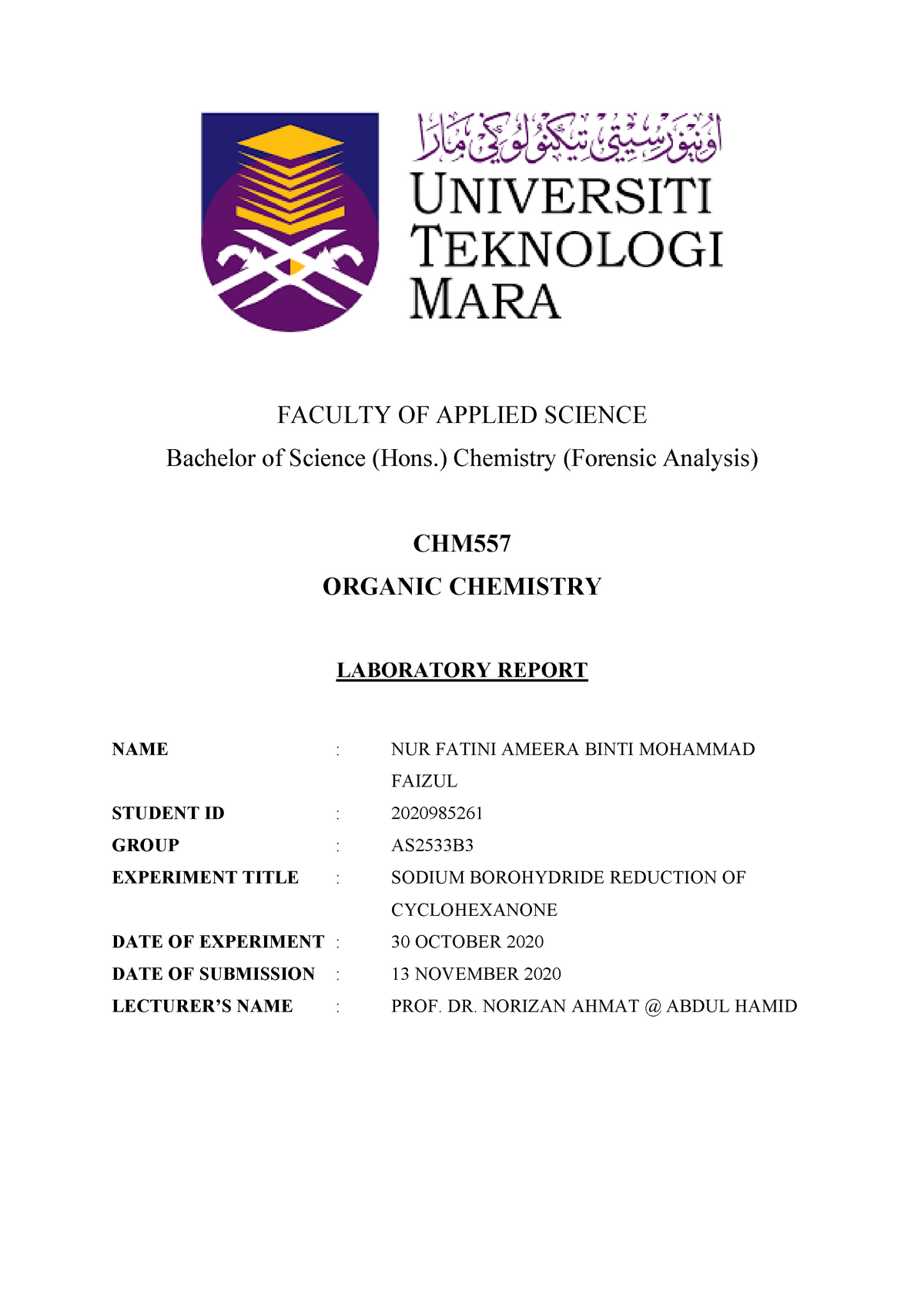 SODIUM BOROHYDRIDE REDUCTION OF CYCLOHEXANONE - FACULTY OF APPLIED ...