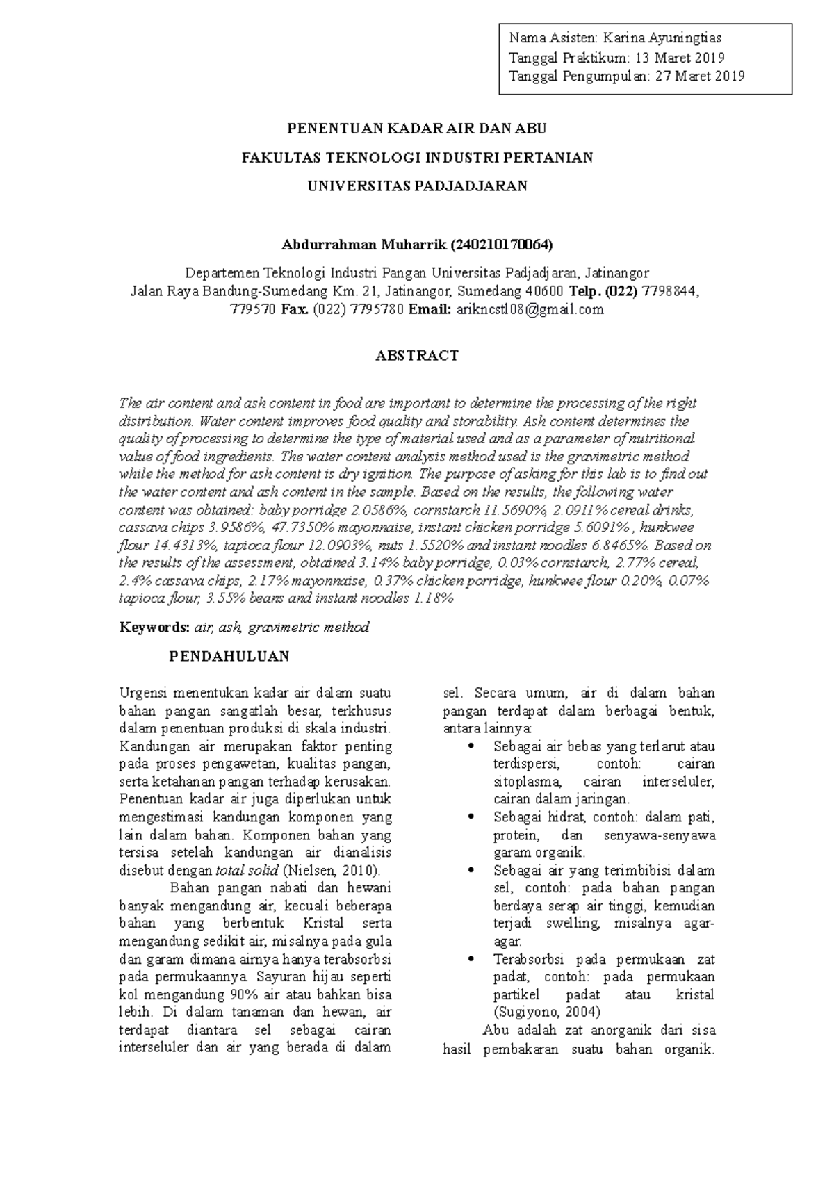 Laporan Praktikum Analisis Pangan - Tanggal Praktikum: 13 Maret 2019