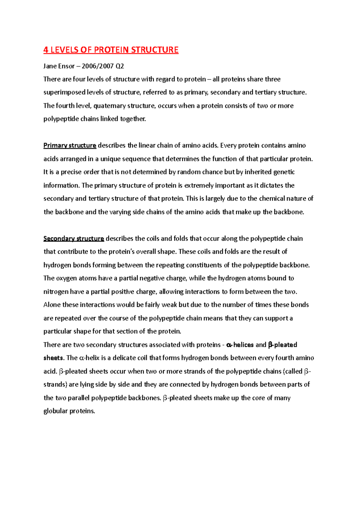 4 levels of Protein structure - 4 LEVELS OF PROTEIN STRUCTURE Jane ...