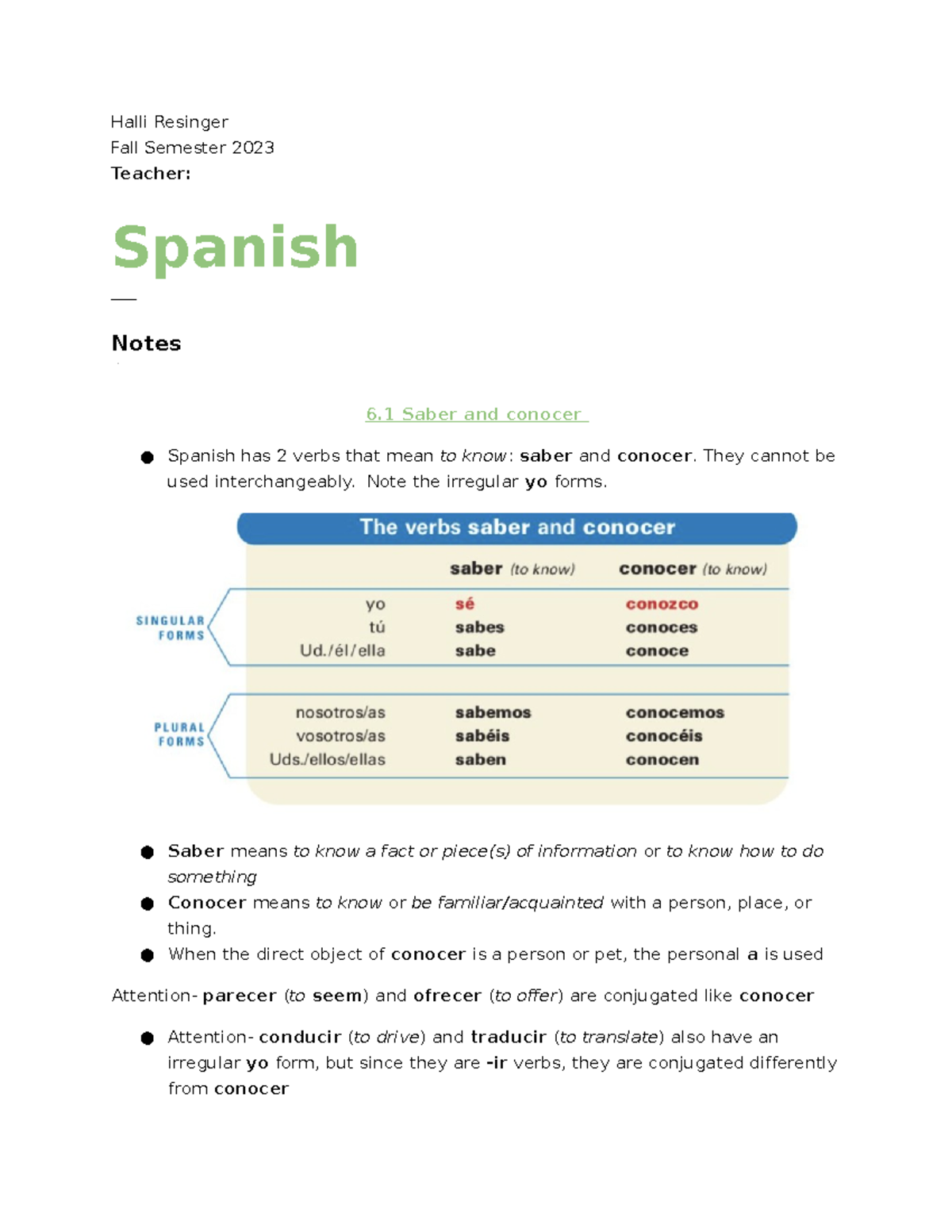 Spanish Chpt. 6 Notes - Halli Resinger Fall Semester 2023 Teacher ...