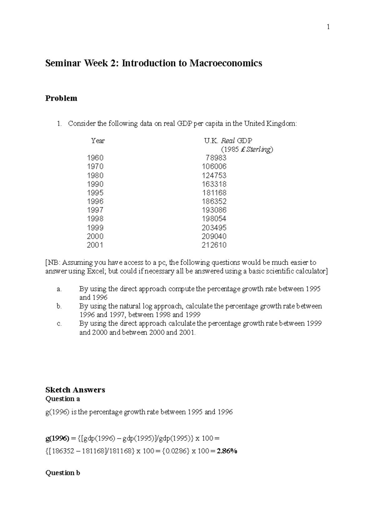 Seminar note Week 2 - Seminar Week 2: Introduction to Macroeconomics ...