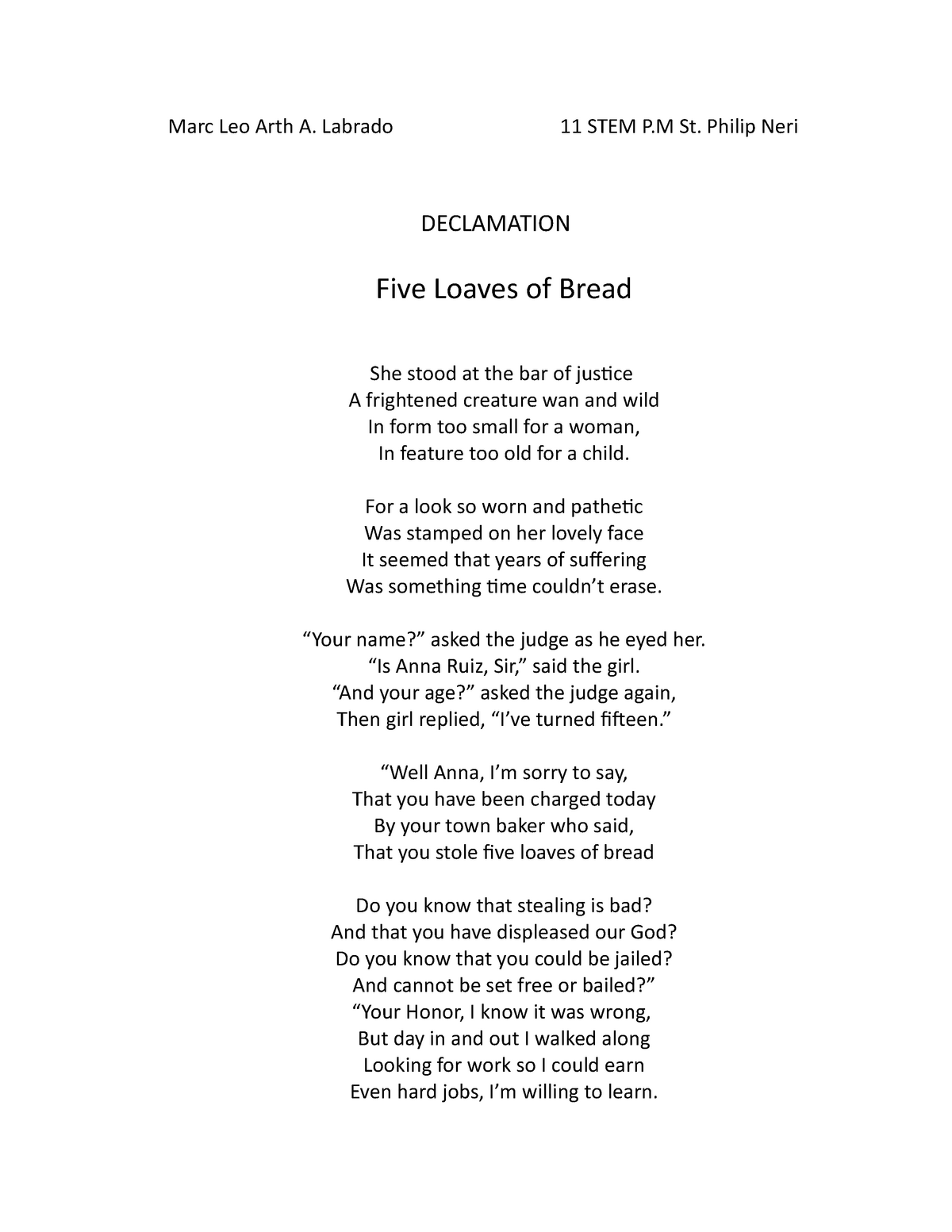 five loaves of bread declamation