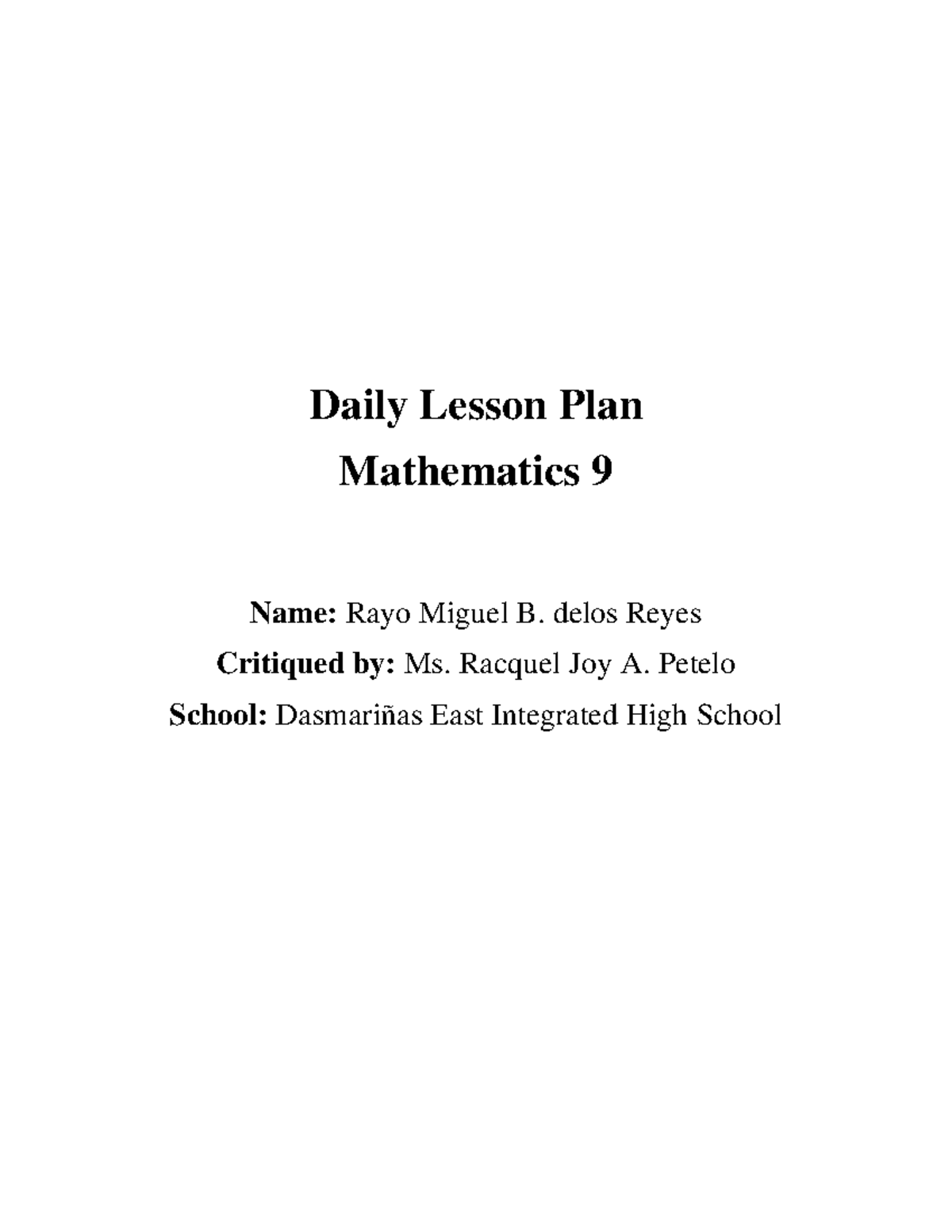 Delos Reyes EEDU2-1 Curriculum Math 9Lesson Plan - Daily Lesson Plan ...