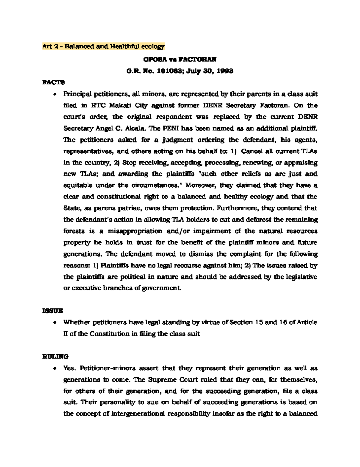 Case Digests - Art 2 - Balanced and Healthful ecology OPOSA vs FACTORAN ...