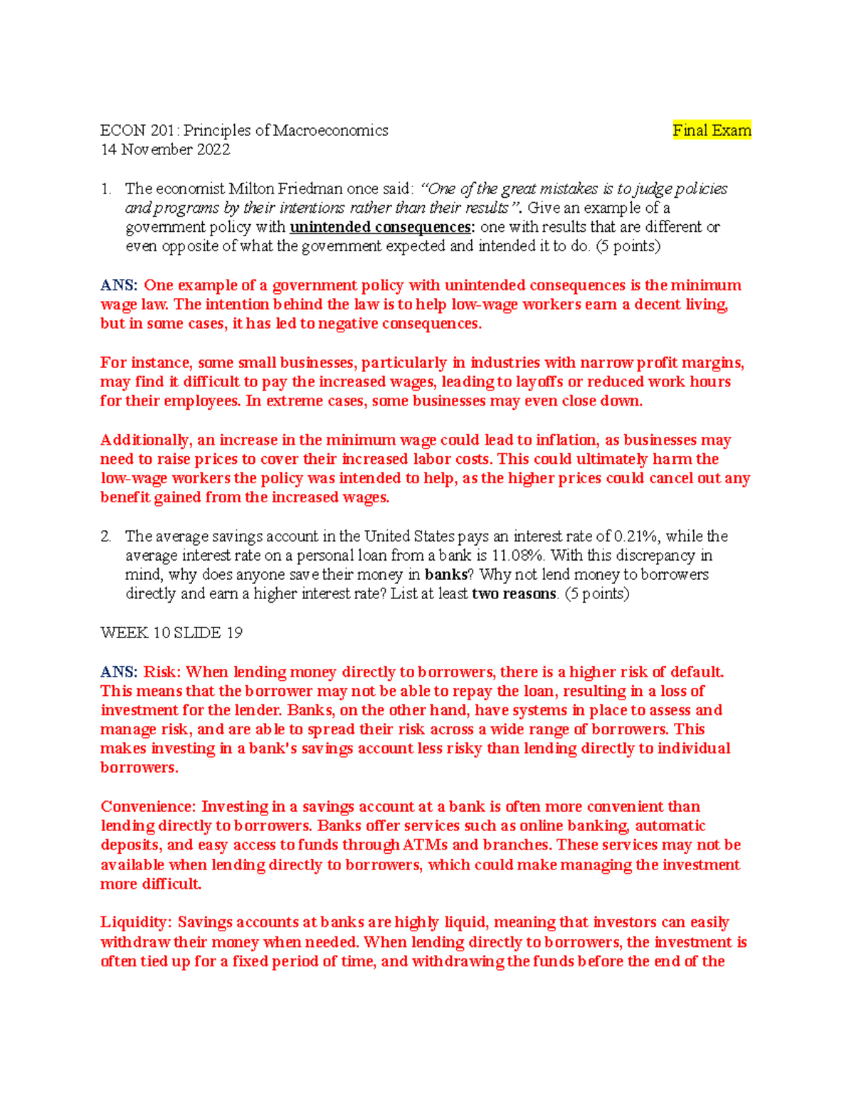 Previous Final (Econ) - Economics Assignment/coursework - ECON 201 ...