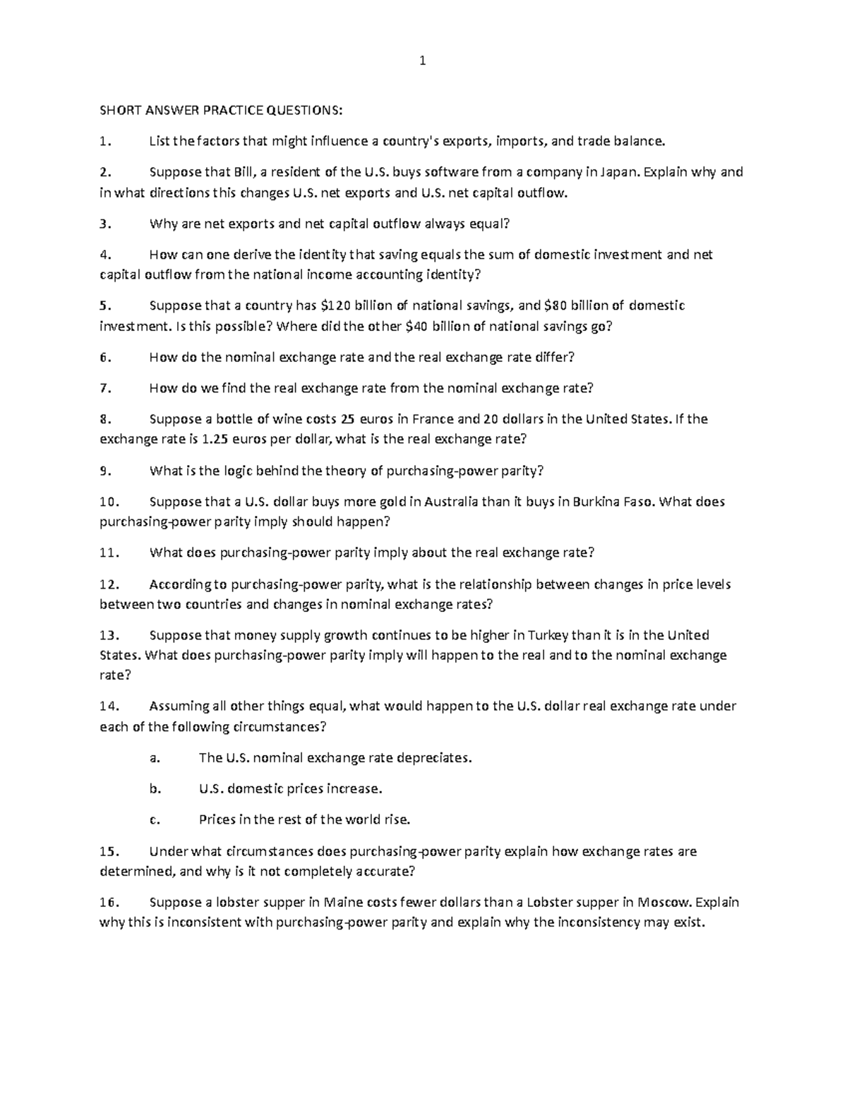 Part 1 Open Economy Macro Practice Questions - 1 SHORT ANSWER PRACTICE ...