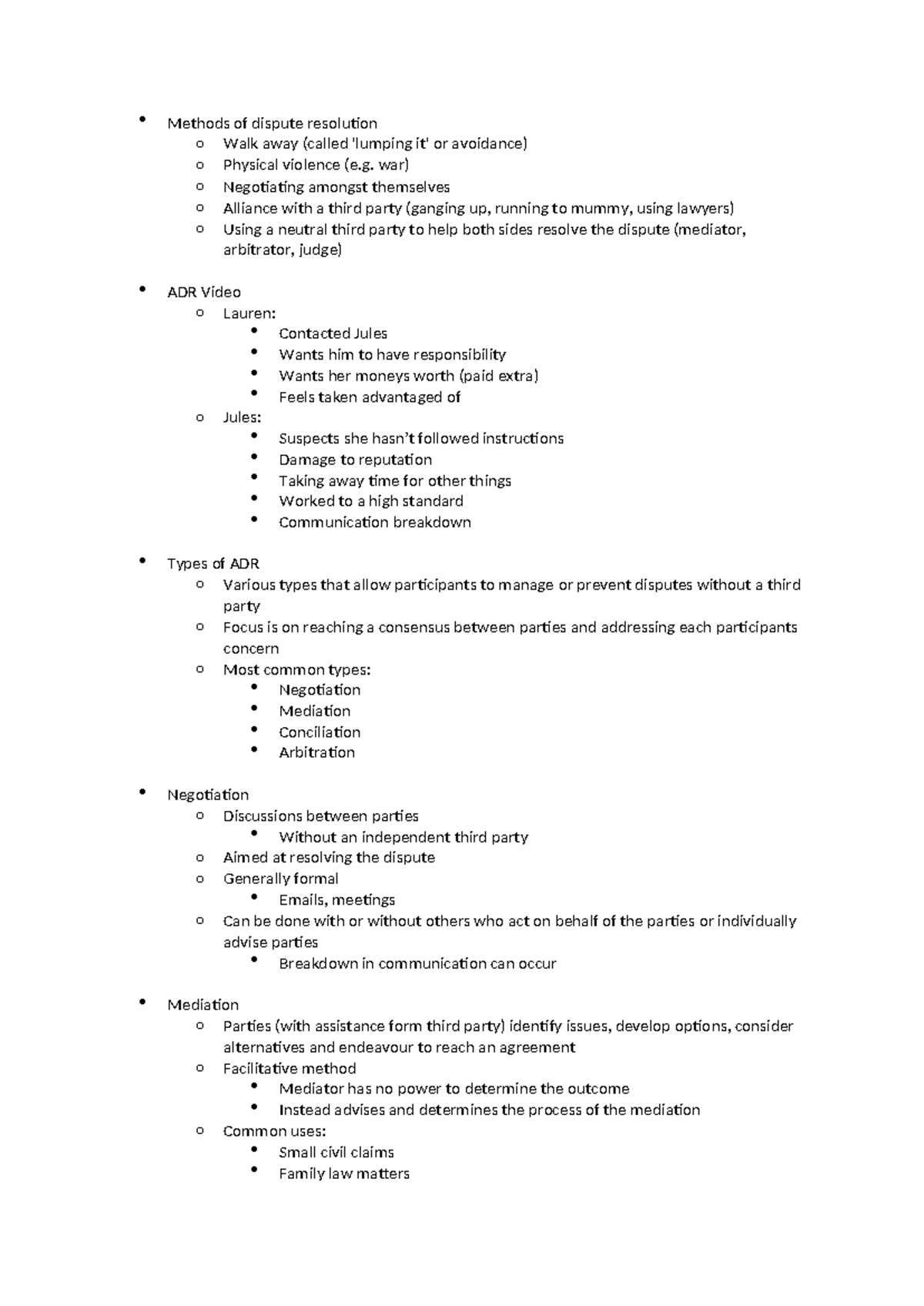 Bju100 l6 - lecture notes - Methods of dispute resolution o Walk away ...