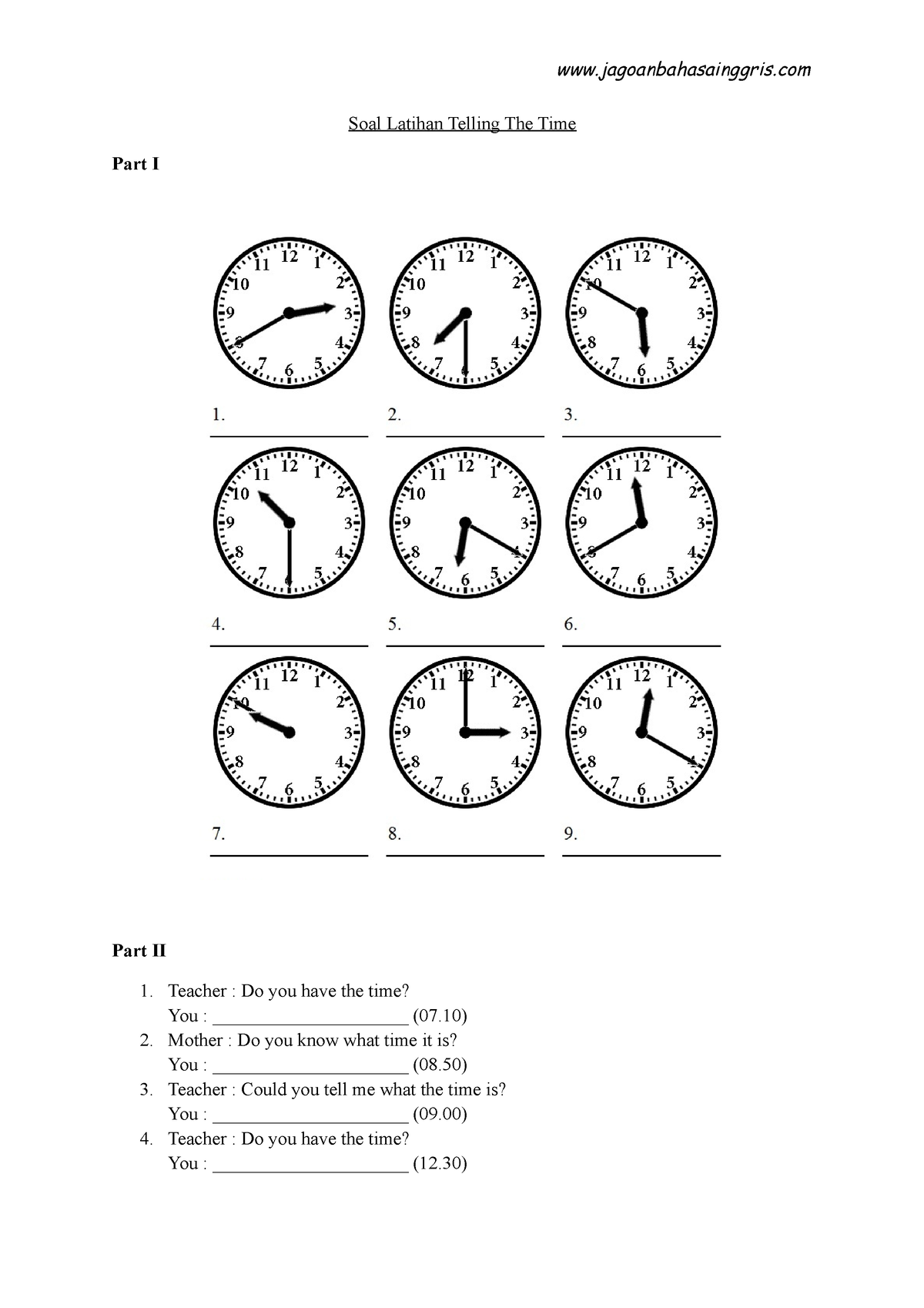 Soal Latihan Telling The Time - Jagoanbahasainggris Soal Latihan ...