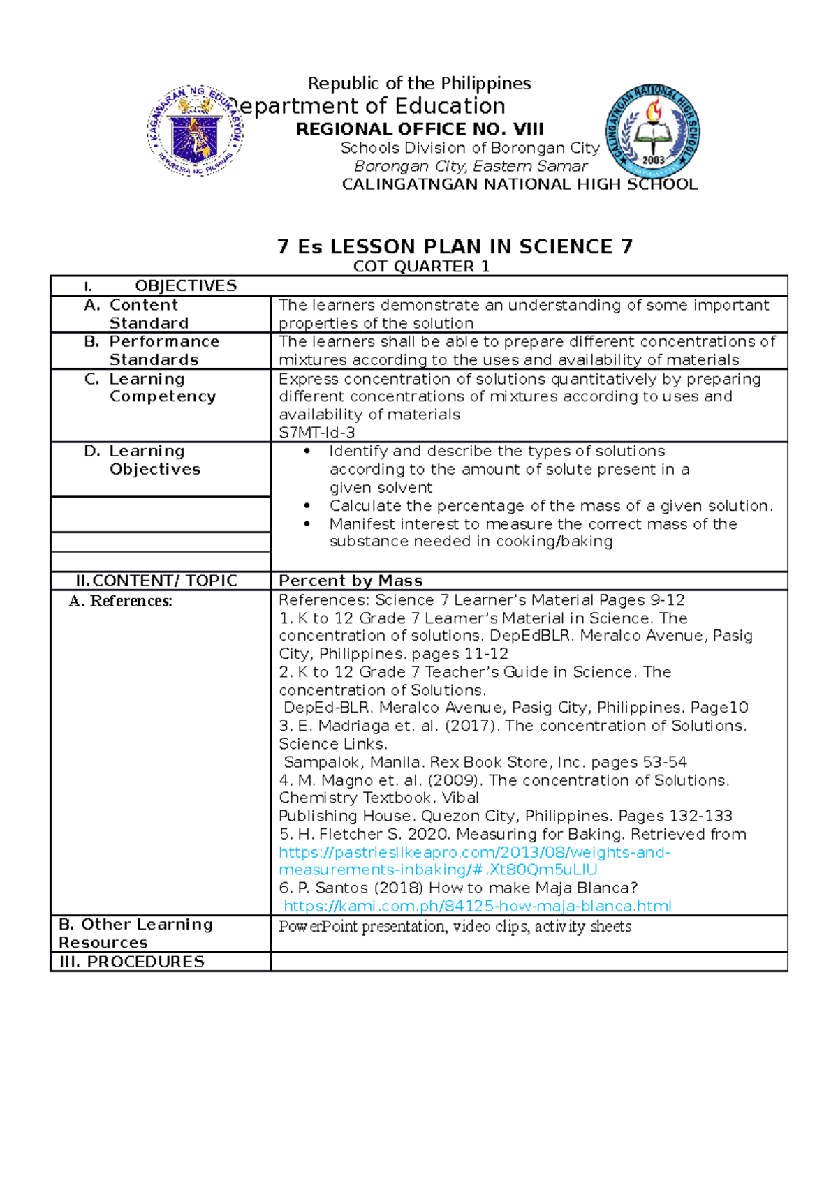 Cot in science 7 q1 cot quarter 1 Republic of the Philippines
