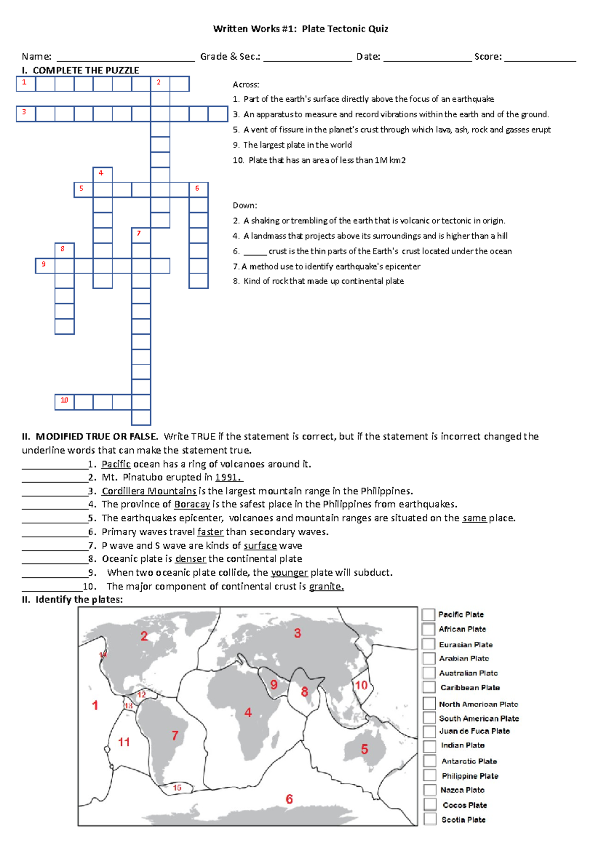 Plate Tectonic quiz ghjf Written Works 1 Plate Tectonic Quiz Name
