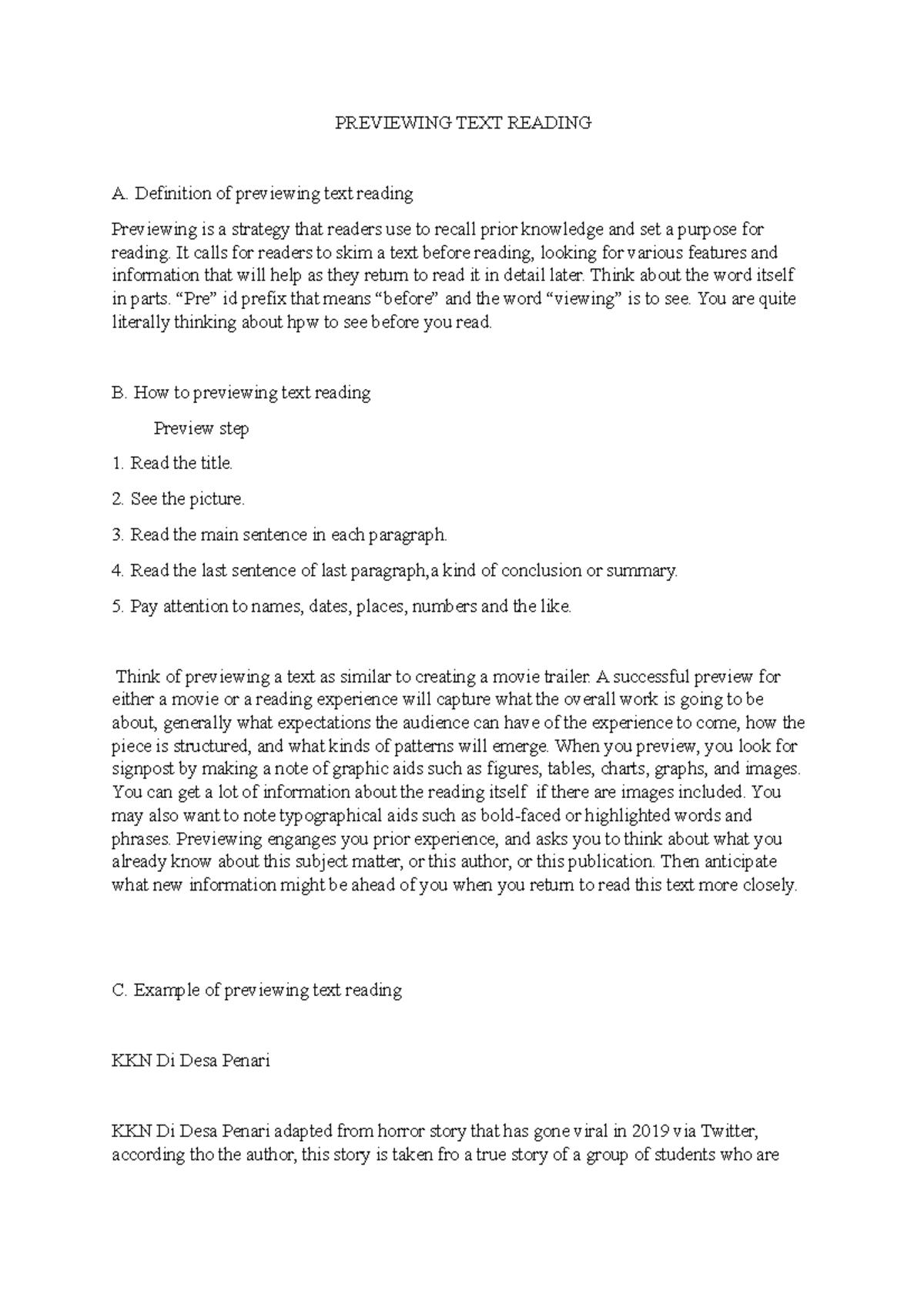 Previewing TEXT Reading - PREVIEWING TEXT READING A. Definition of ...