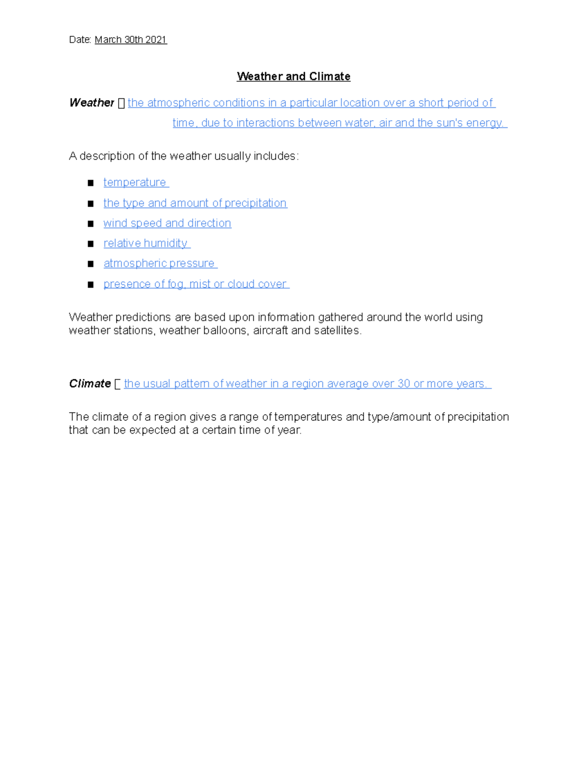 8-1 Weather and Climate Overhead - Student Handout - Date: March 30th ...
