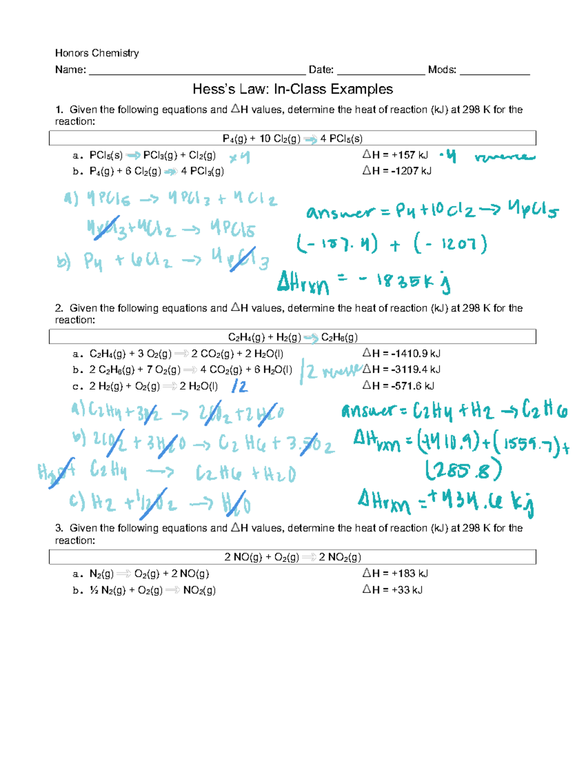 Hess Law Practice WS - Eskandari Summer - Honors Chemistry Name: - Studocu