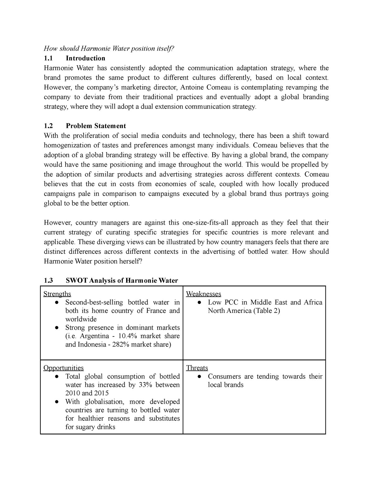 harmonie water case study swot analysis