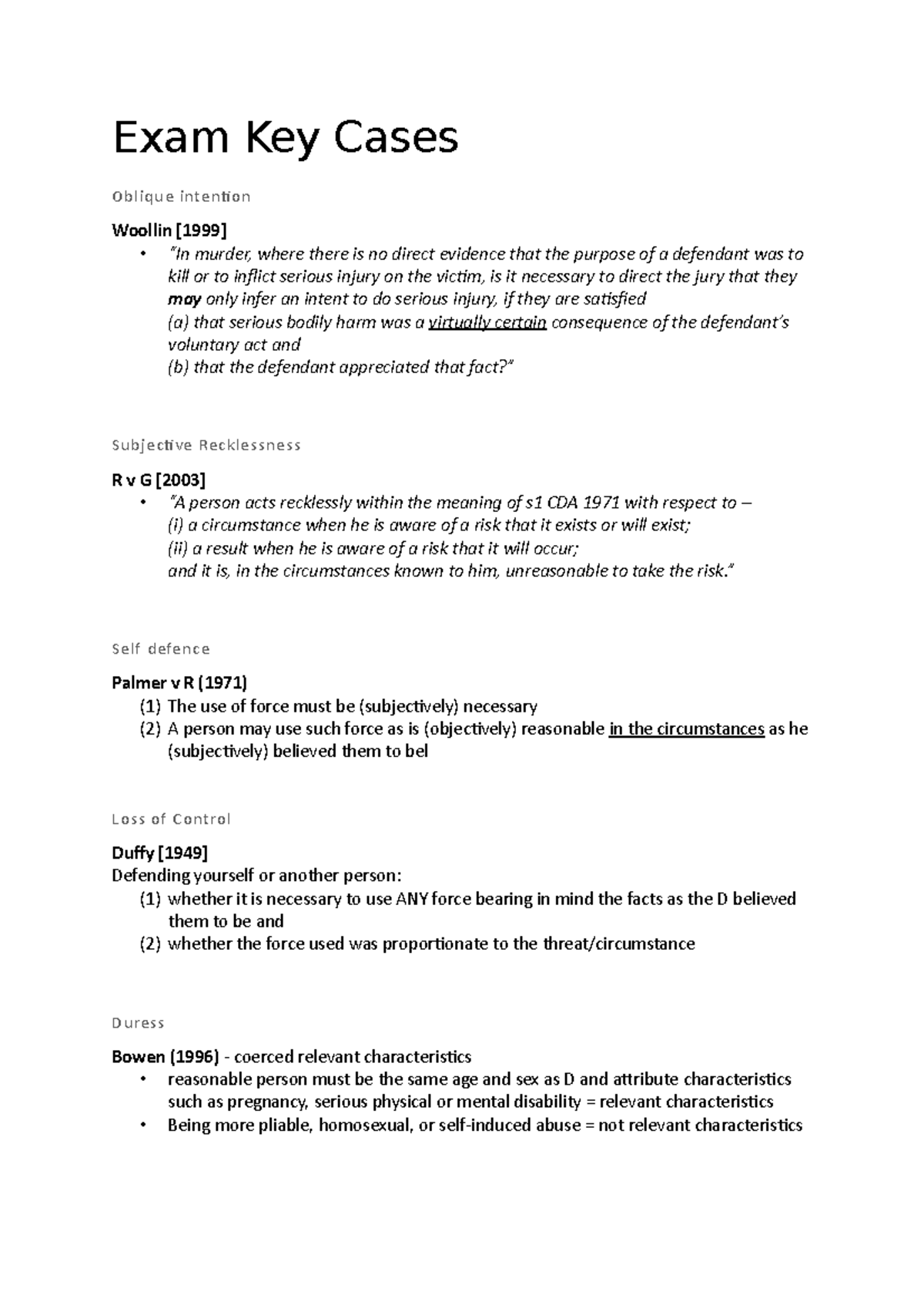 Exam Key Cases Exam Key Cases Oblique intention Woollin [1999] “In