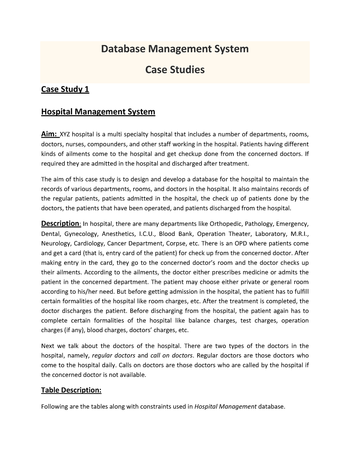 case study on hospital dbms