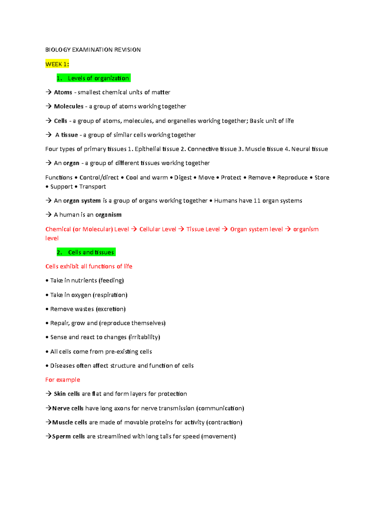 Bio revision 1 - Lecture notes 1-3 - BIOLOGY EXAMINATION REVISION WEEK ...