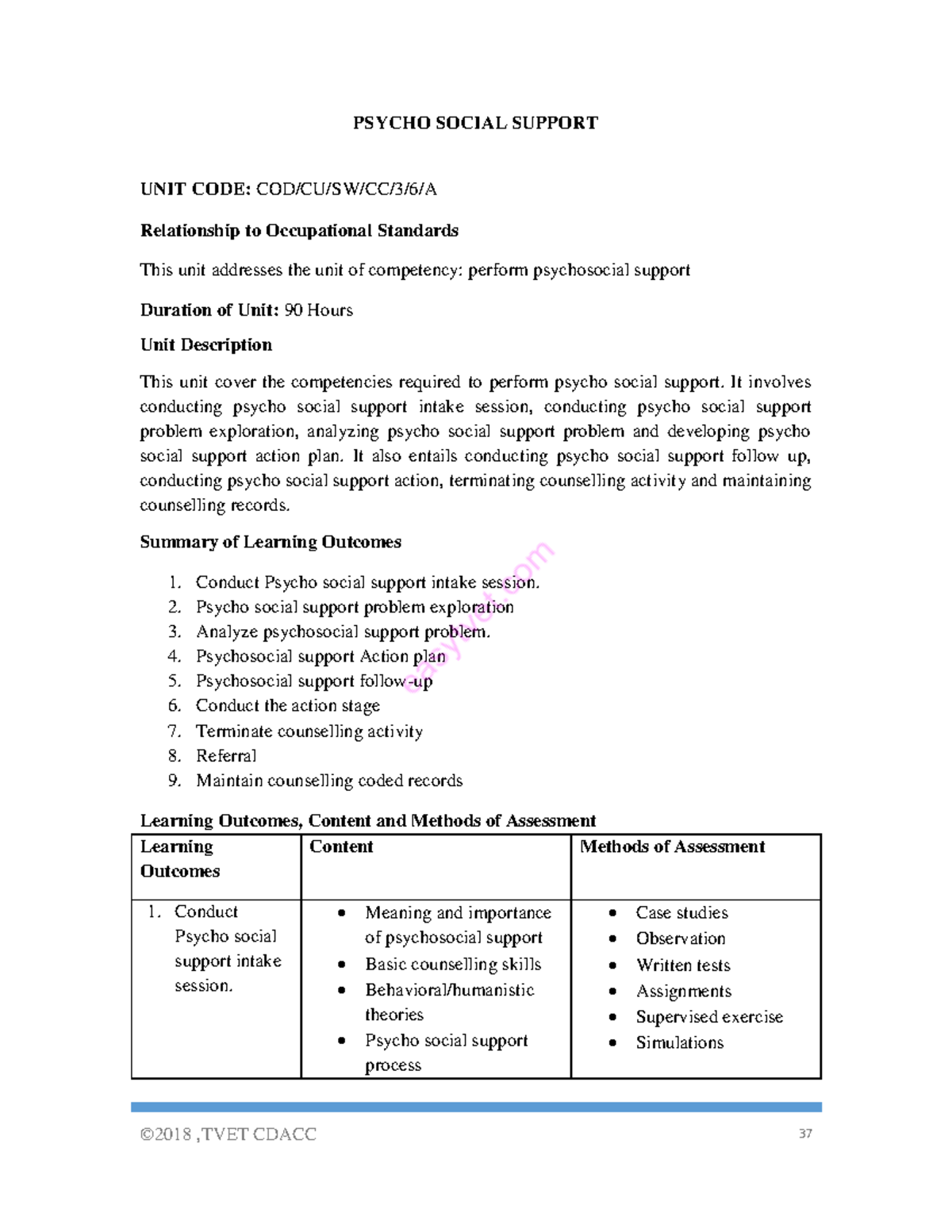 Social policy - PSYCHO SOCIAL SUPPORT UNIT CODE: COD/CU/SW/CC/3/6/A ...