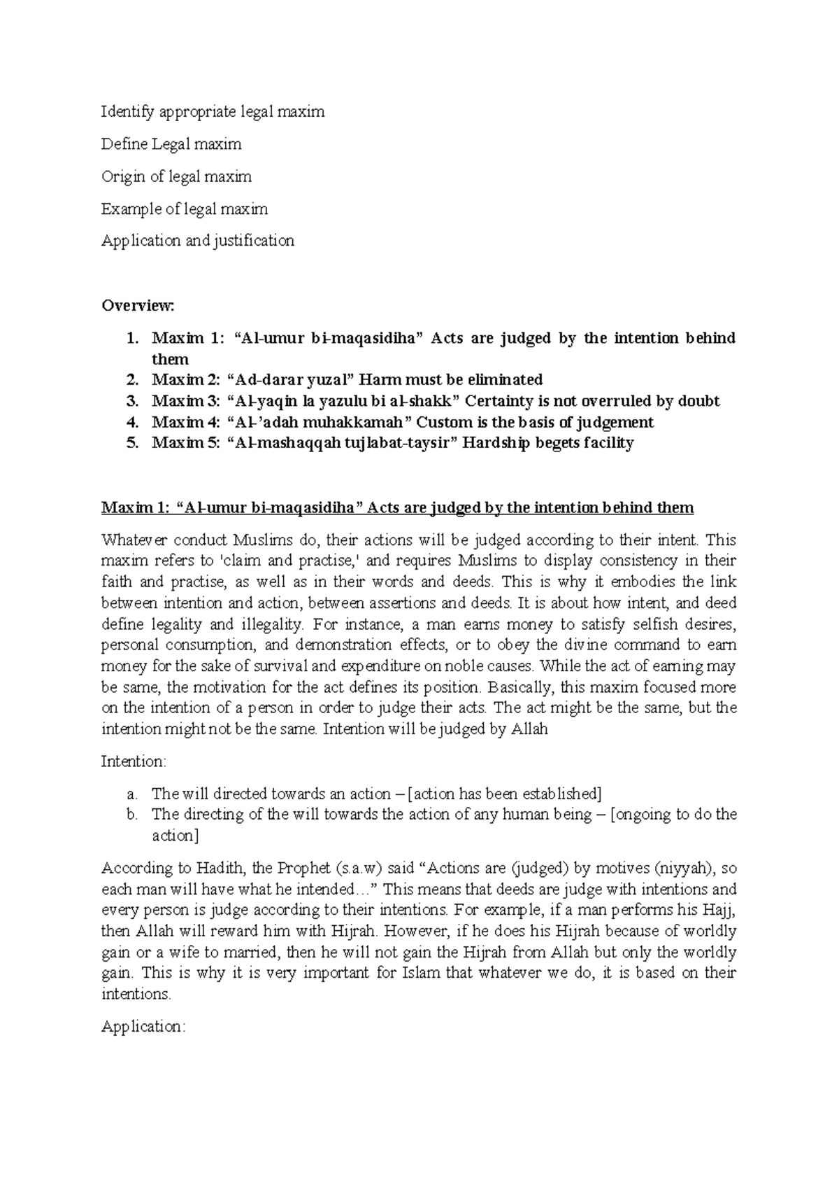 Islamic Law Notes - Identify appropriate legal maxim Define Legal maxim ...