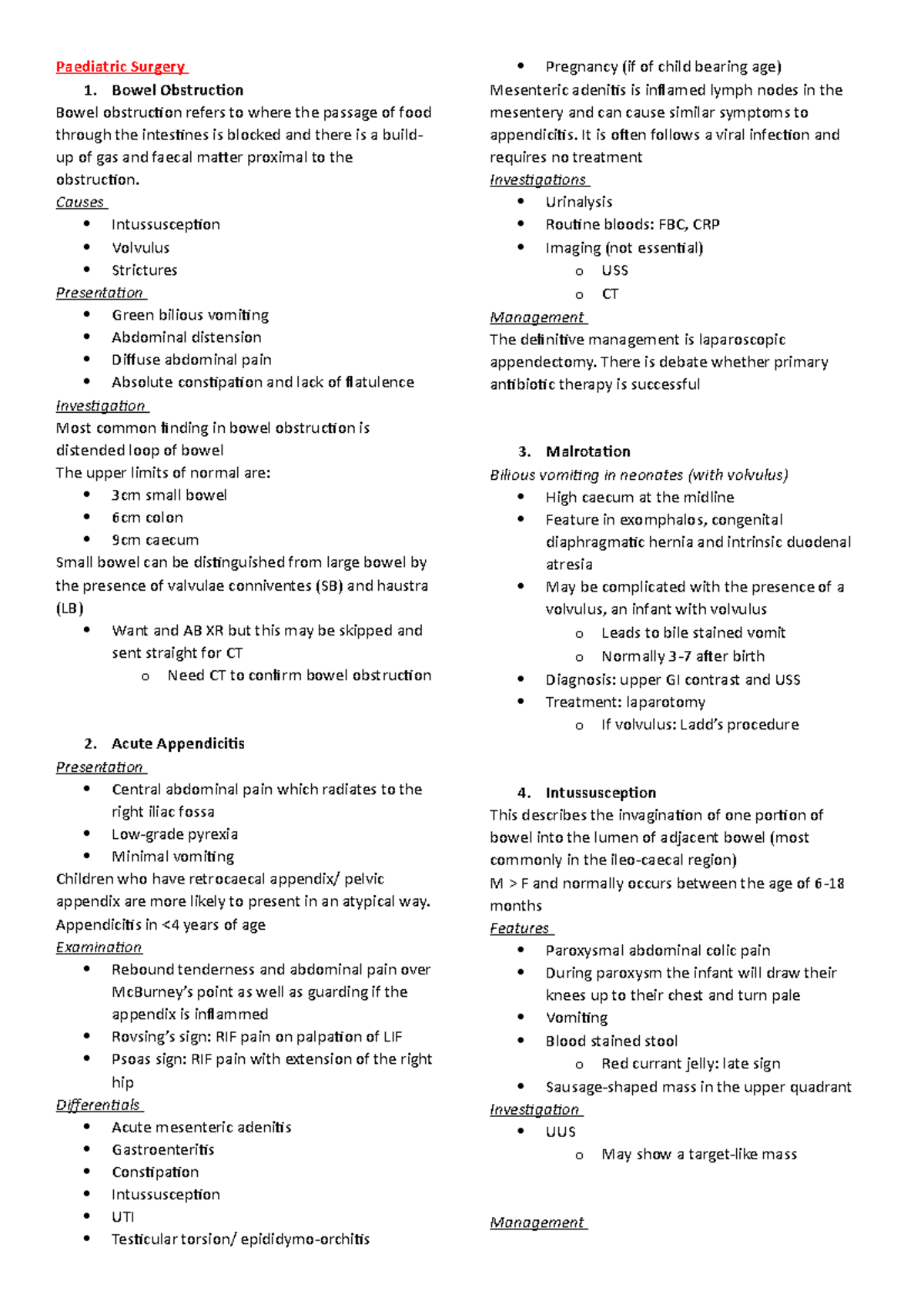 Paediatric Surgery - Summary notes - Paediatric Surgery 1. Bowel ...