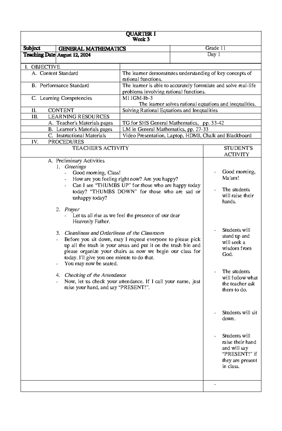 Detailed Lesson Plan in General Mathematics 11 - day1 - QUARTER 1 Week ...